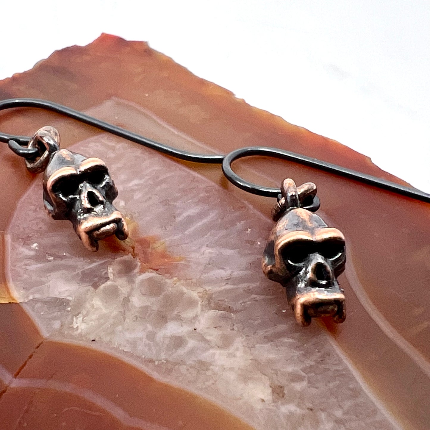 Mini Monkey Skull Replica Earrings - Copper Electroformed