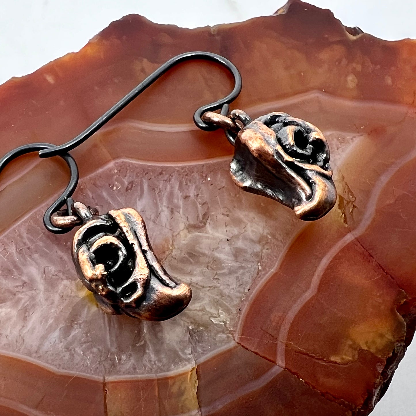 Bird Skull Replica Earrings - Copper Electroformed