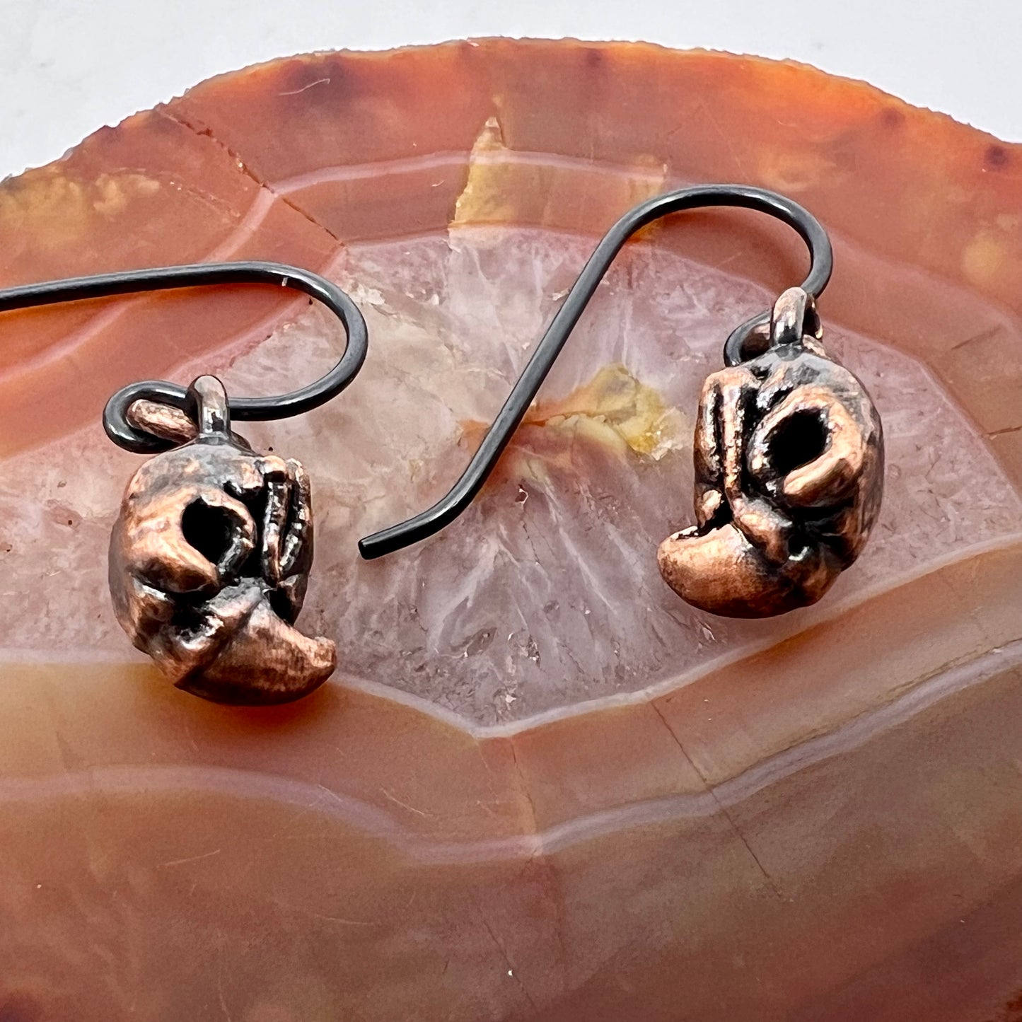 Mini Bird Skull Replica Earrings - Copper Electroformed