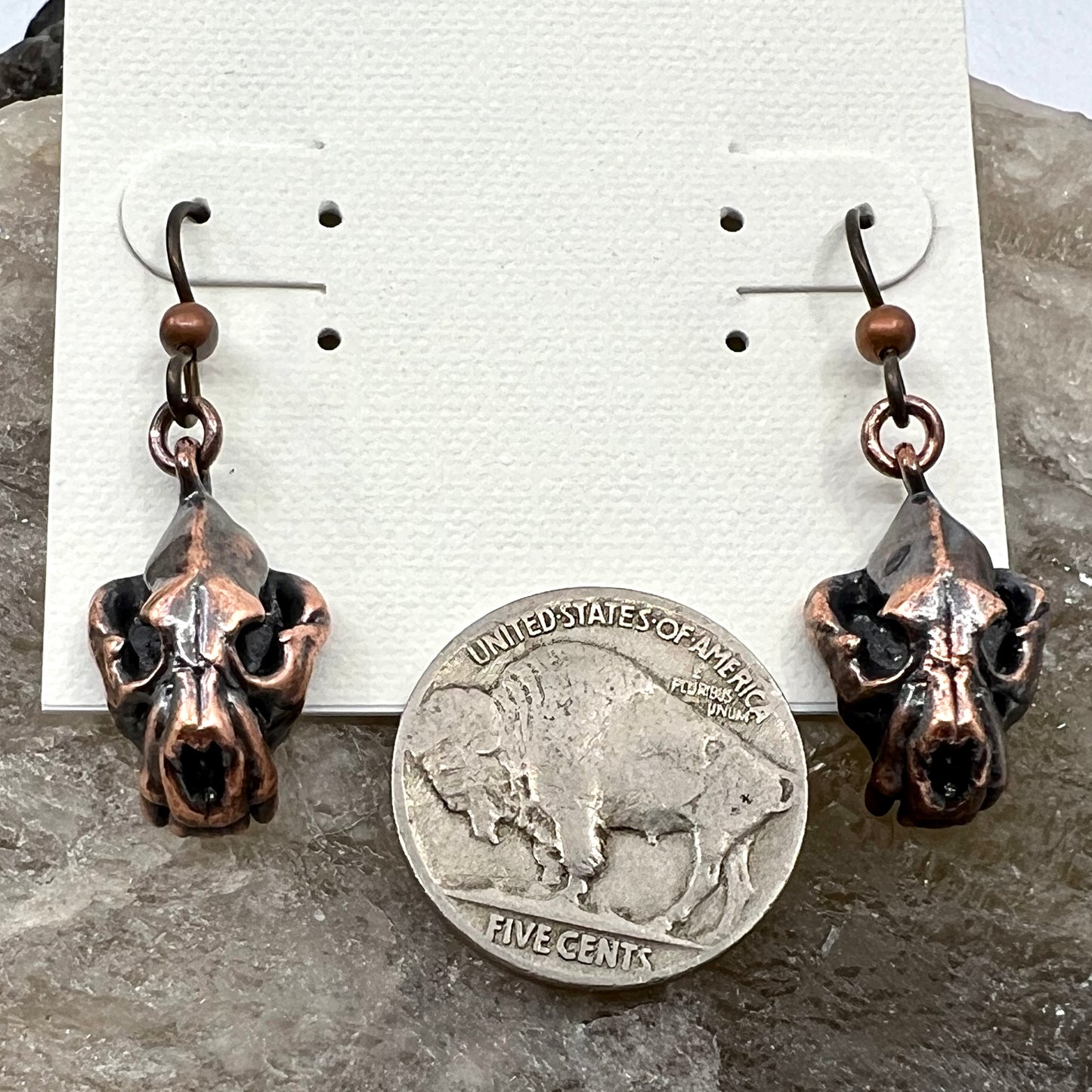 Bear Skull Replica Earrings - Copper Electroformed