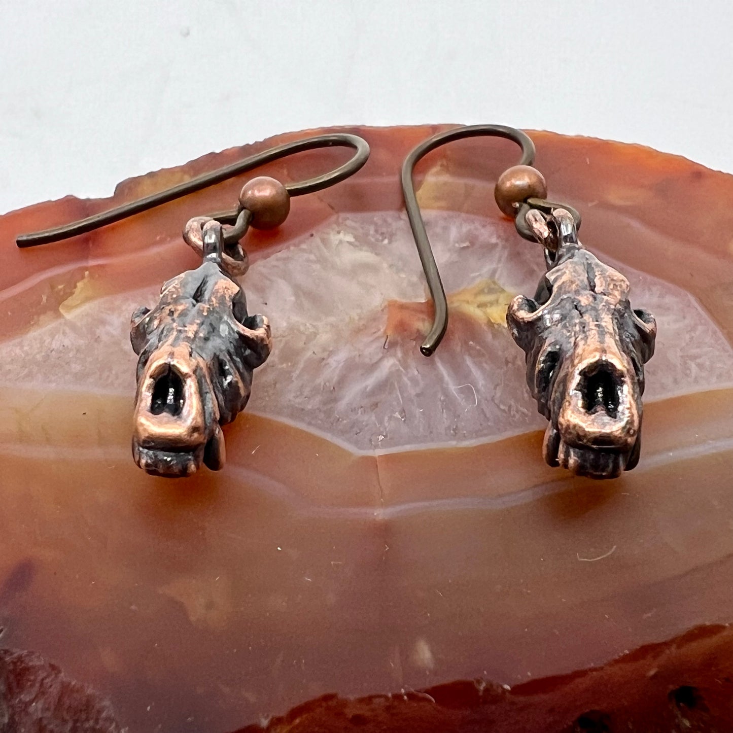 Wolf Skull Replica Earrings - Copper Electroformed