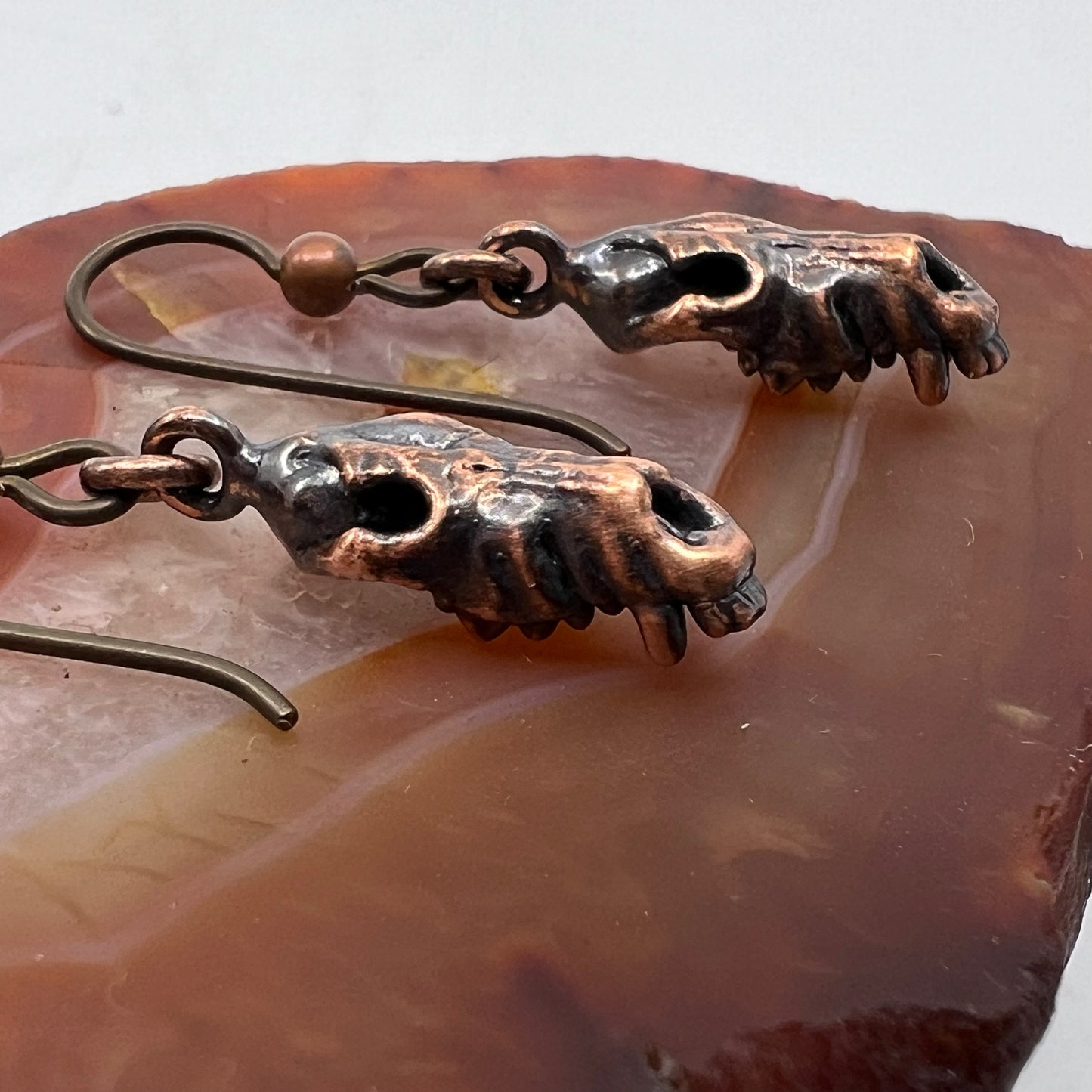 Wolf Skull Replica Earrings - Copper Electroformed