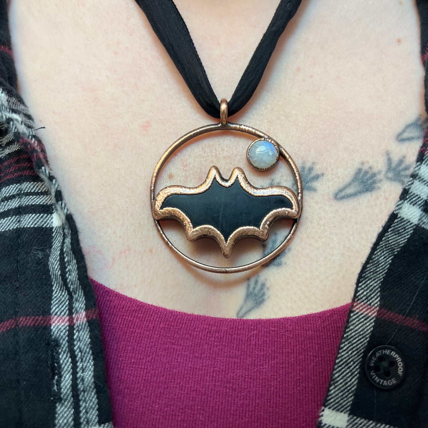 Obsidian Bat with Moonstone Accent - Copper Electroformed