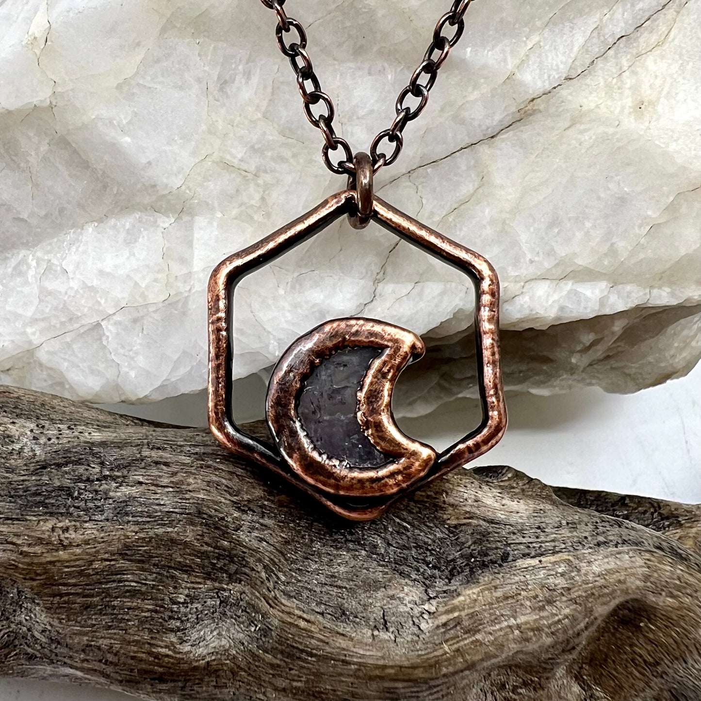 Dainty Amethyst Moon Necklace - Copper Electroformed