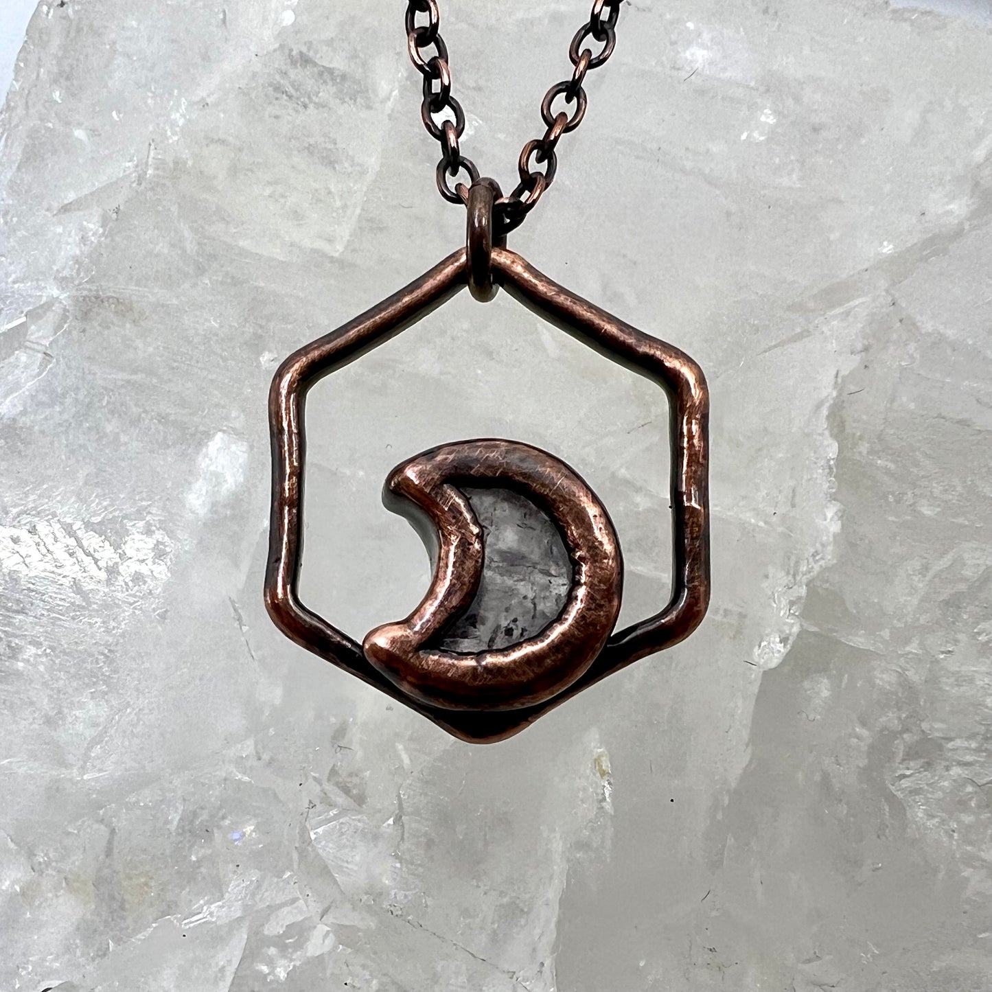 Dainty Amethyst Moon Necklace - Copper Electroformed