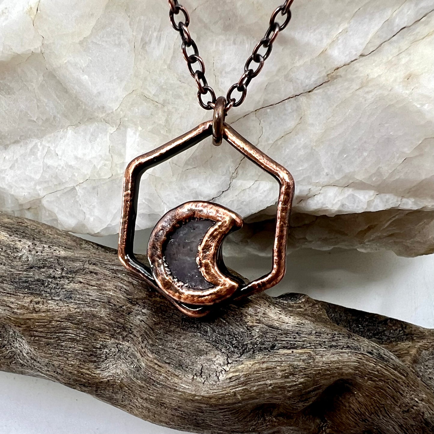 Dainty Amethyst Moon Necklace - Copper Electroformed