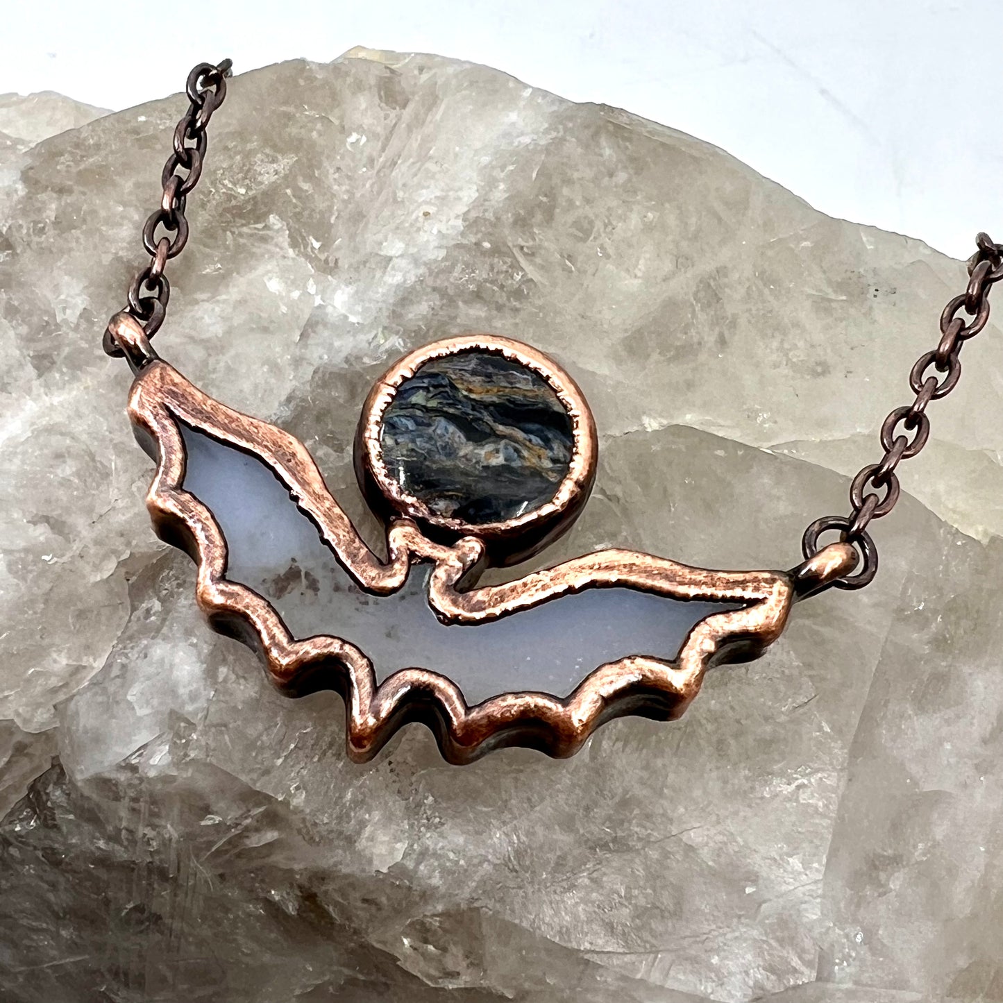 Blue Agate Bat with Pietersite - Copper Electroformed