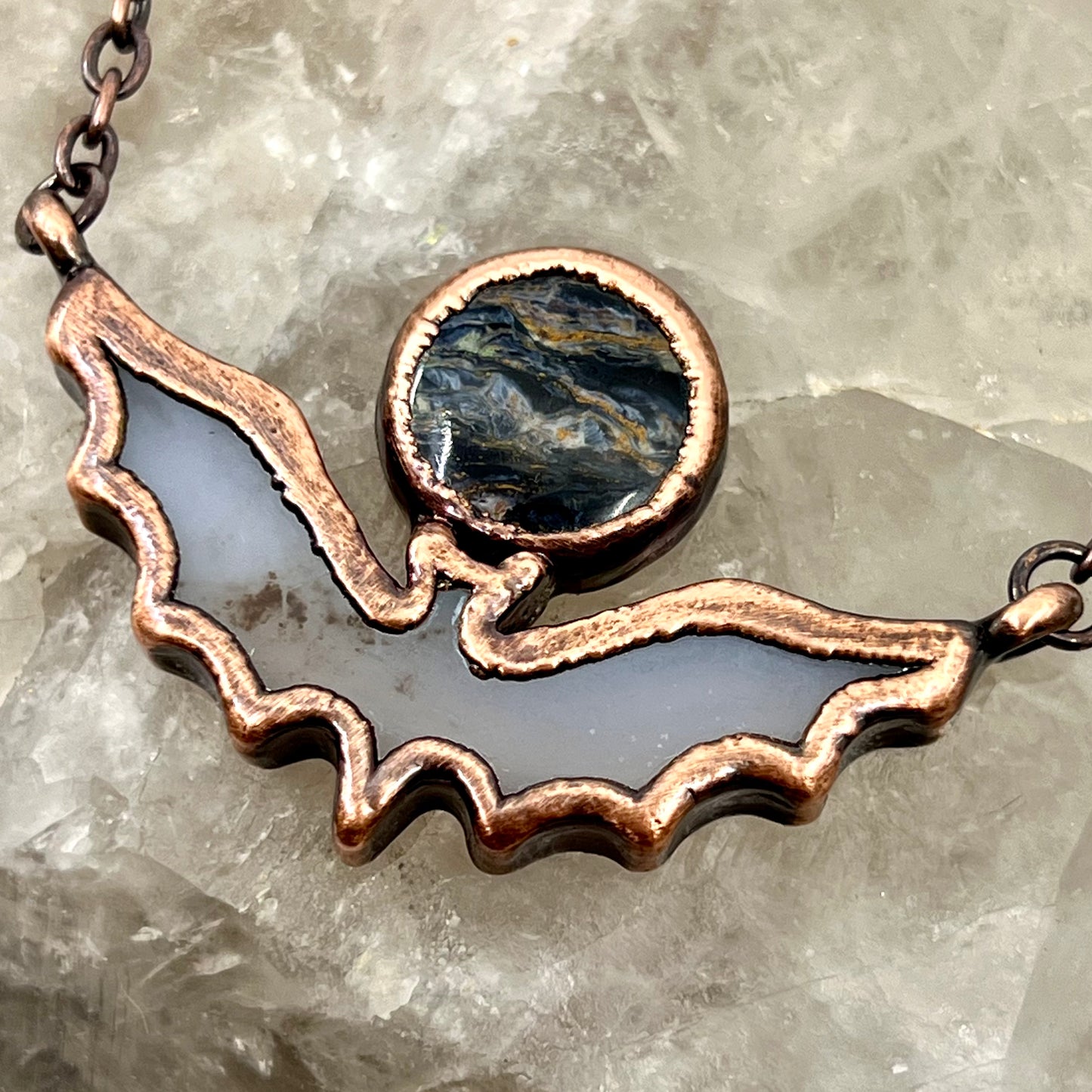 Blue Agate Bat with Pietersite - Copper Electroformed