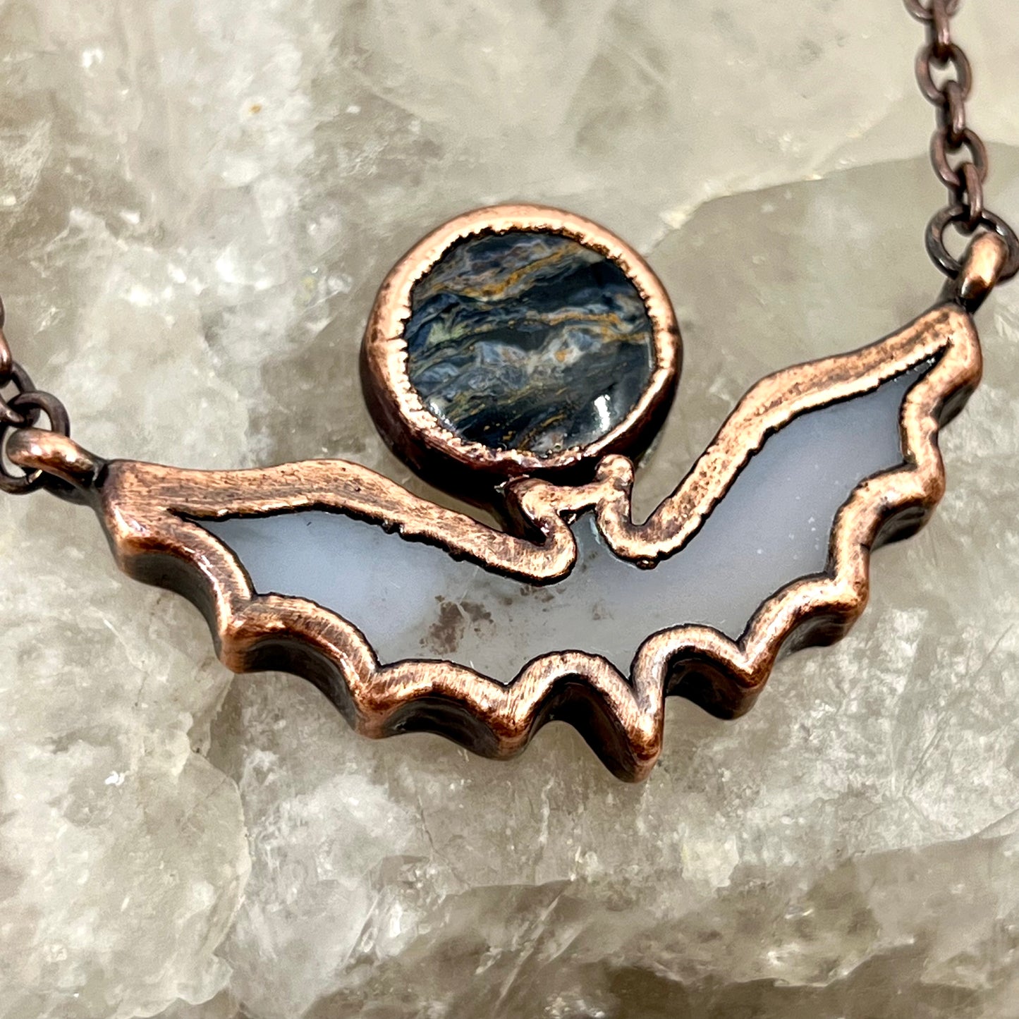 Blue Agate Bat with Pietersite - Copper Electroformed