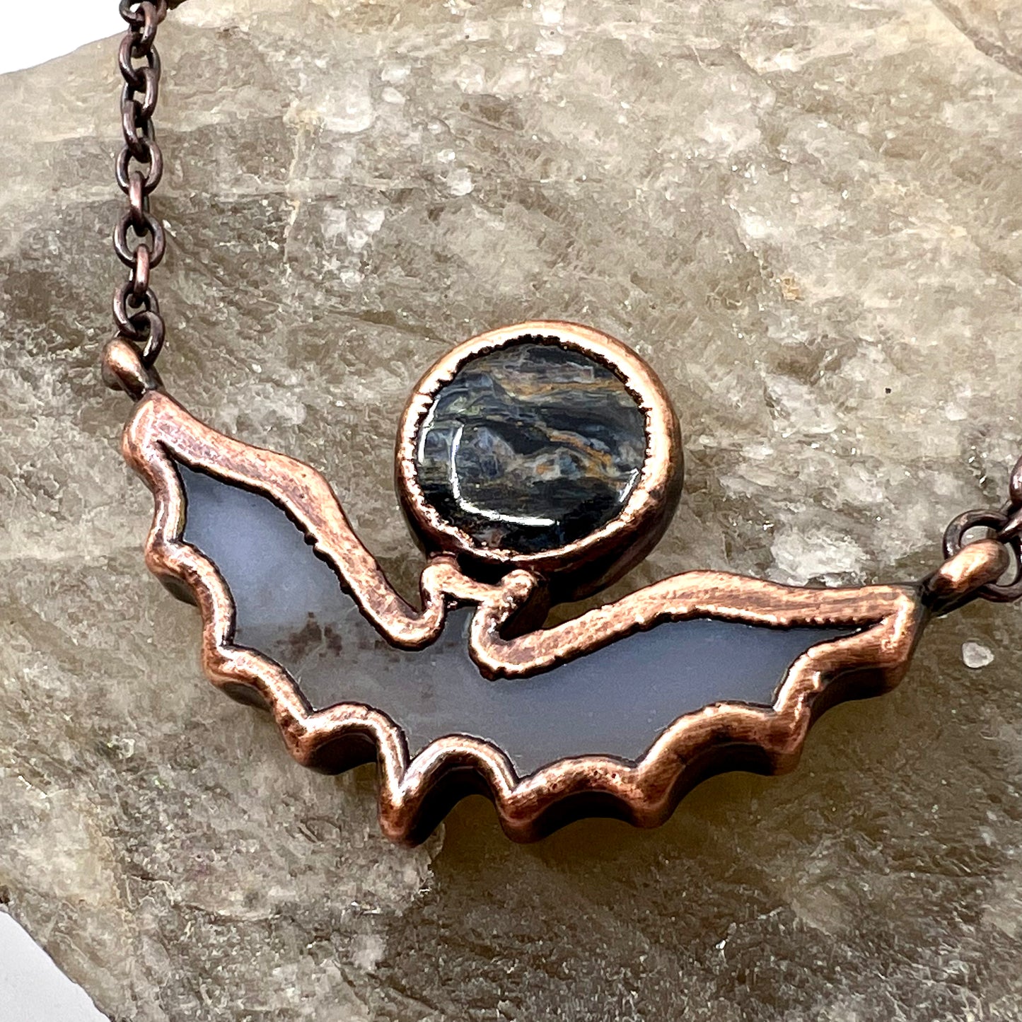 Blue Agate Bat with Pietersite - Copper Electroformed