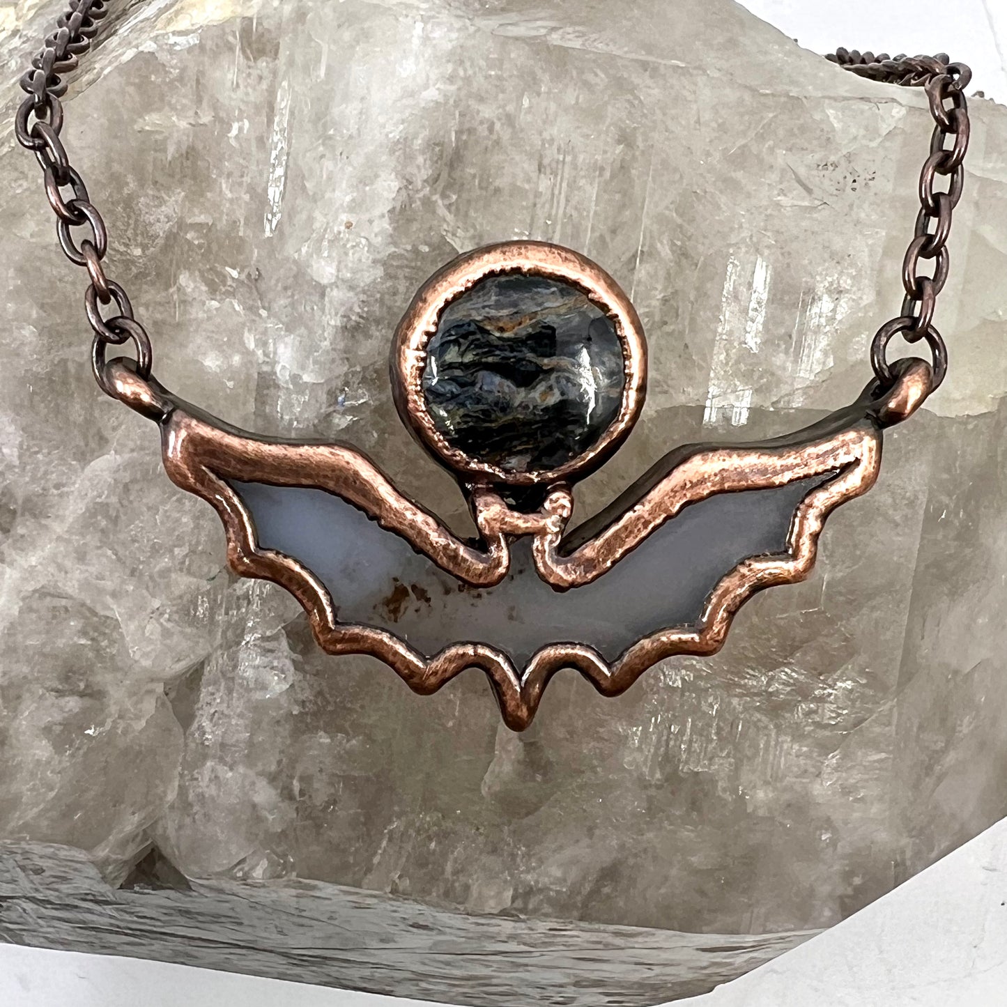 Blue Agate Bat with Pietersite - Copper Electroformed