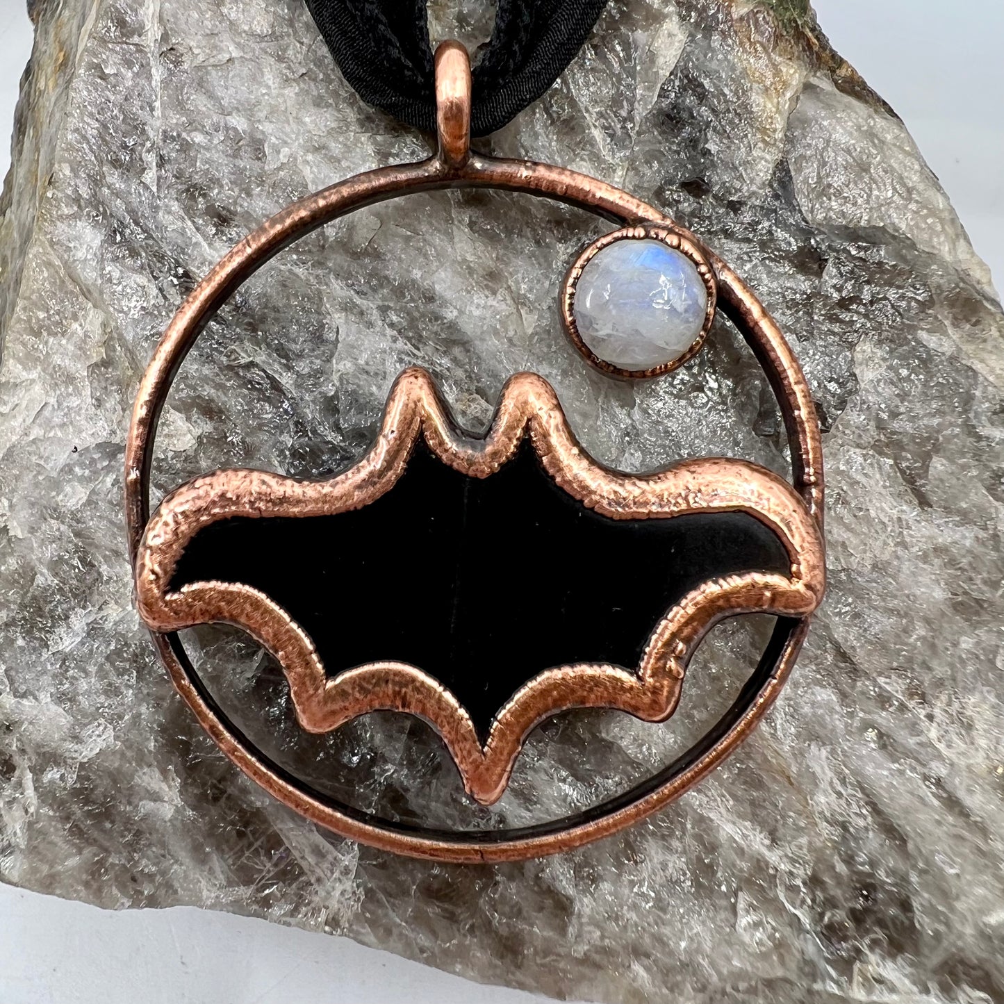 Obsidian Bat with Moonstone Accent - Copper Electroformed