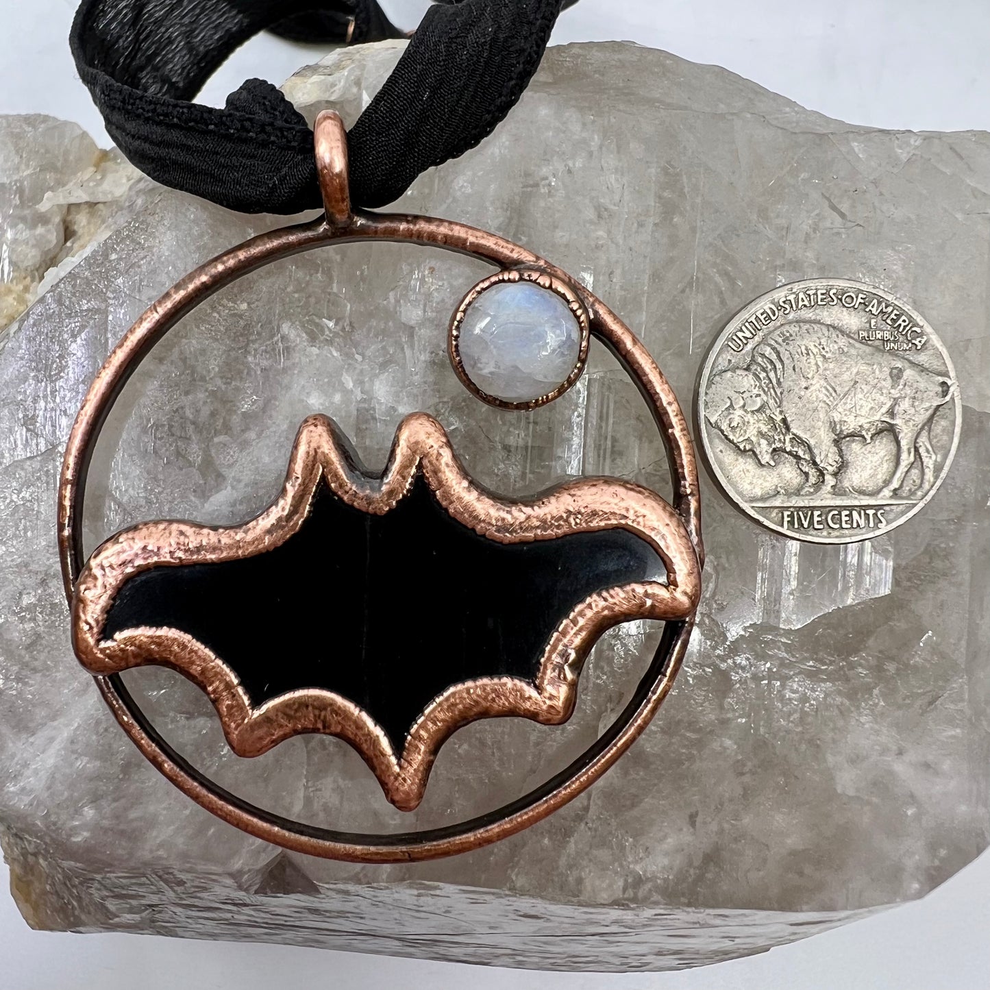 Obsidian Bat with Moonstone Accent - Copper Electroformed