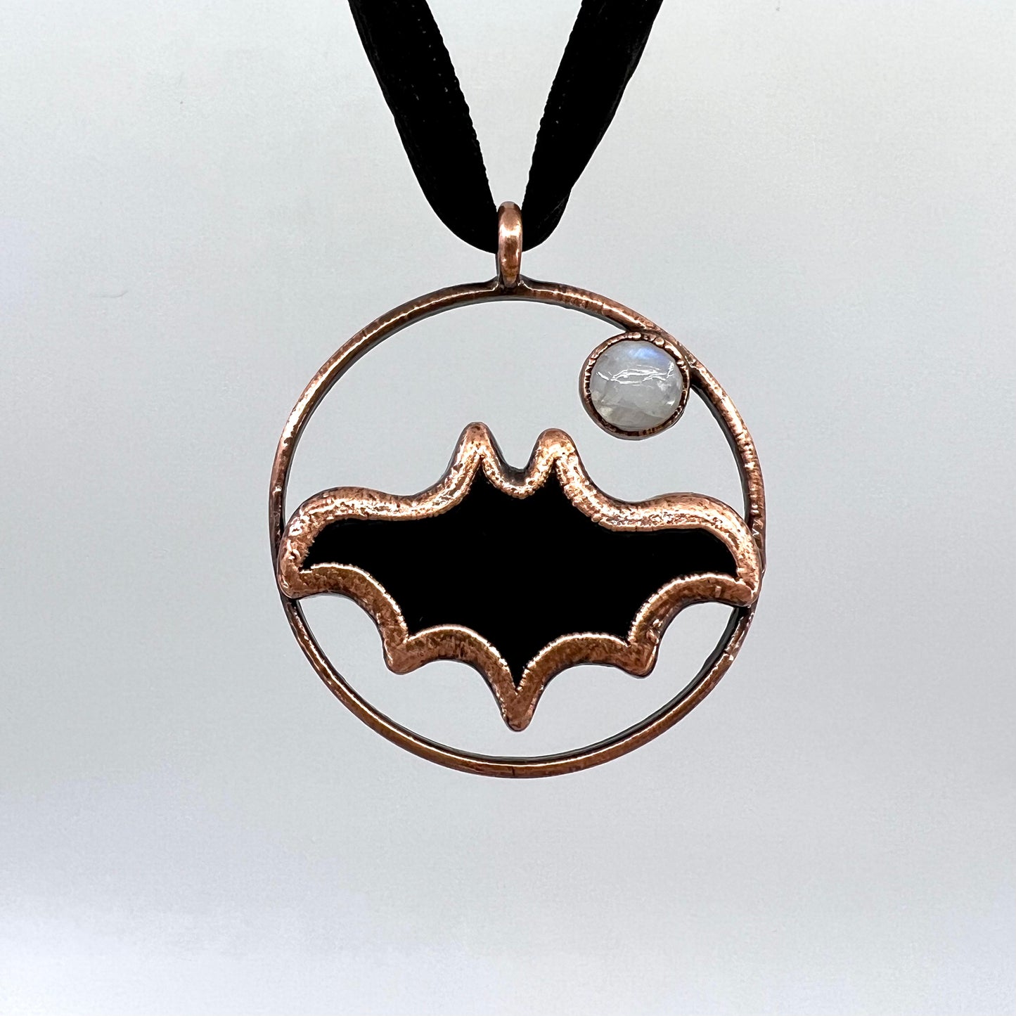 Obsidian Bat with Moonstone Accent - Copper Electroformed