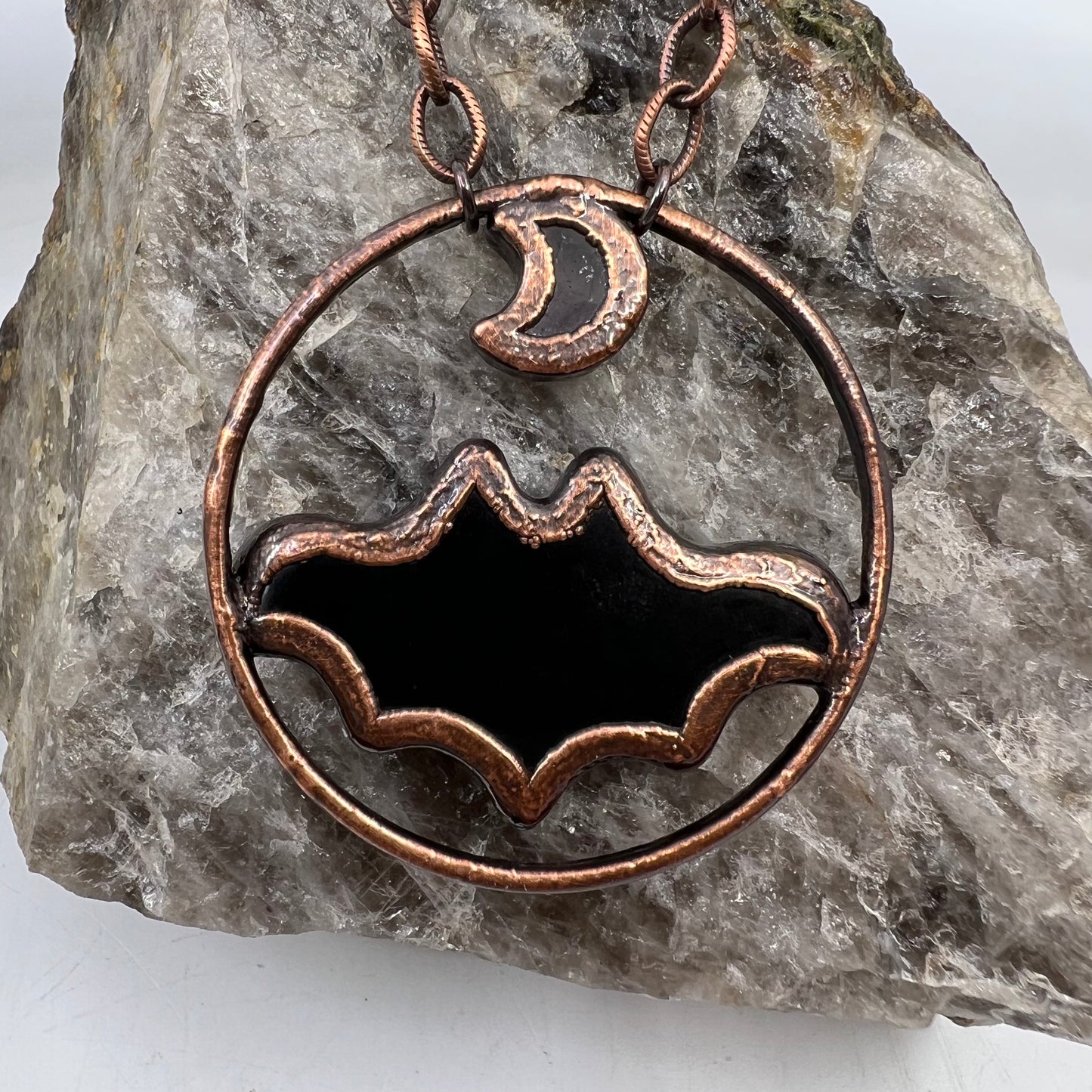 Obsidian Bat with Amethyst Accent - Copper Electroformed