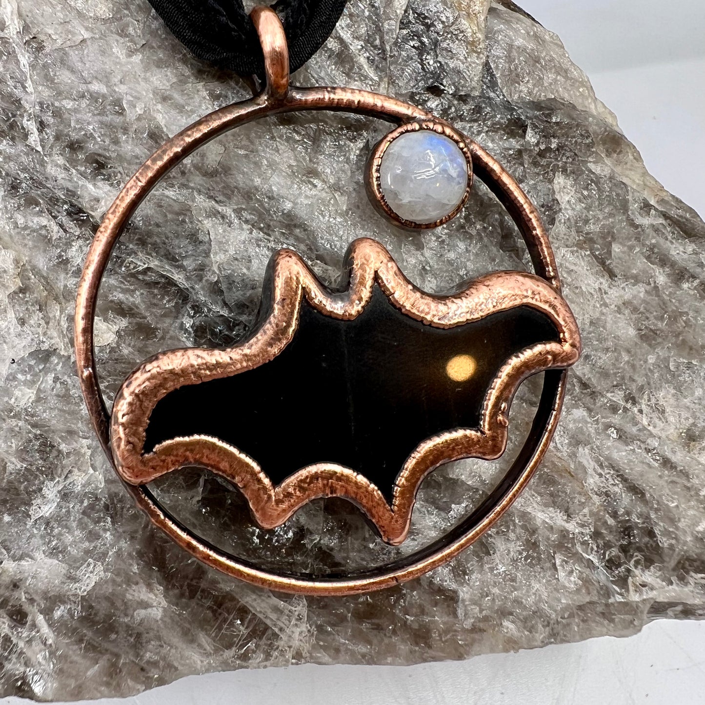 Obsidian Bat with Moonstone Accent - Copper Electroformed