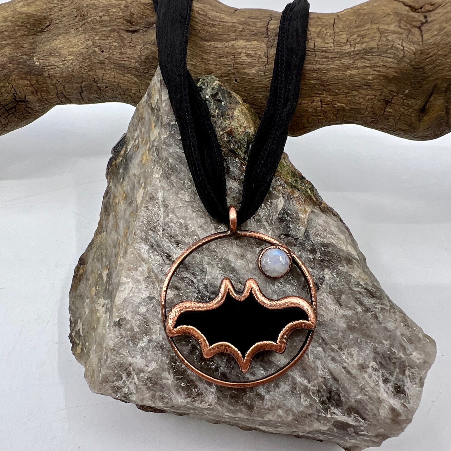 Obsidian Bat with Moonstone Accent - Copper Electroformed