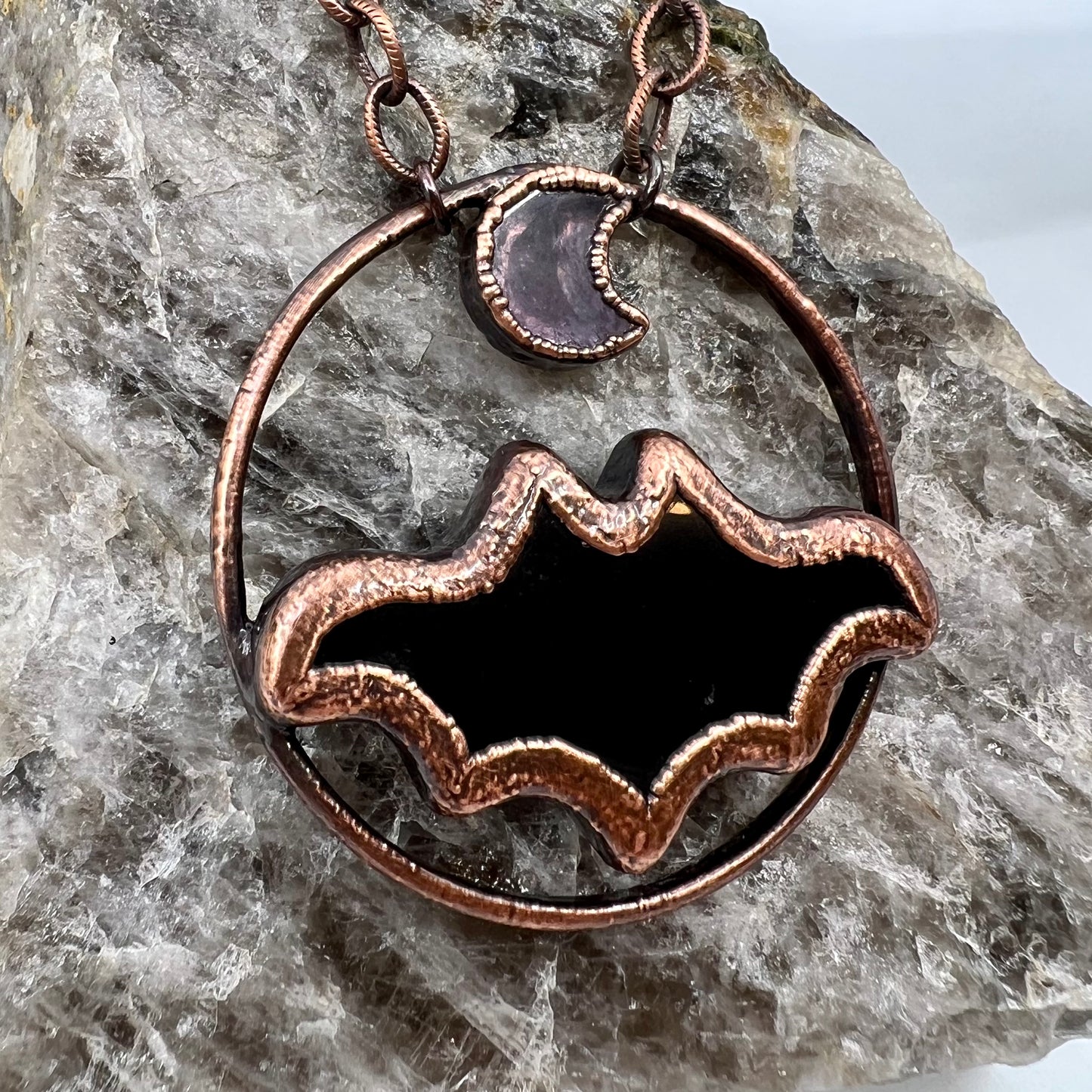 Obsidian Bat with Amethyst Accent - Copper Electroformed