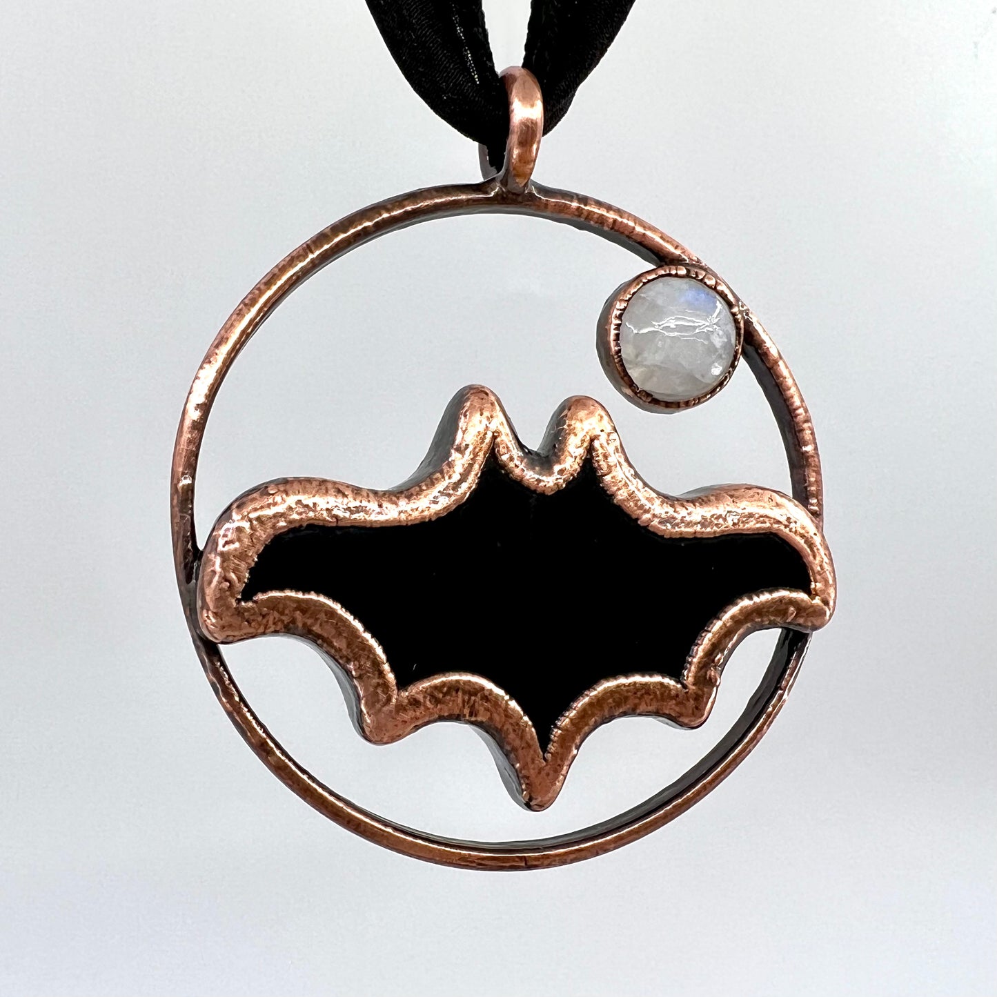 Obsidian Bat with Moonstone Accent - Copper Electroformed