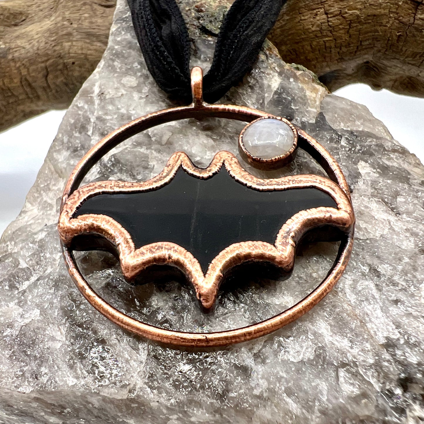 Obsidian Bat with Moonstone Accent - Copper Electroformed