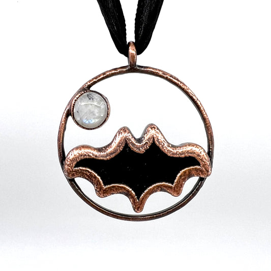 Obsidian Bat with Moonstone Accent - Copper Electroformed