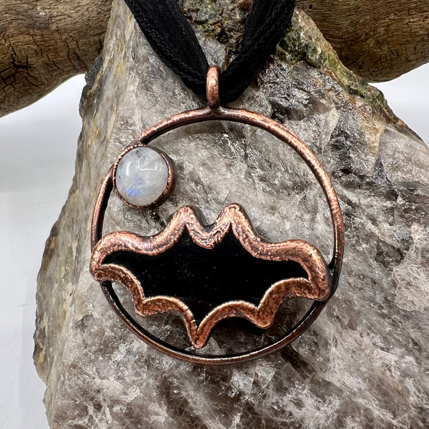 Obsidian Bat with Moonstone Accent - Copper Electroformed