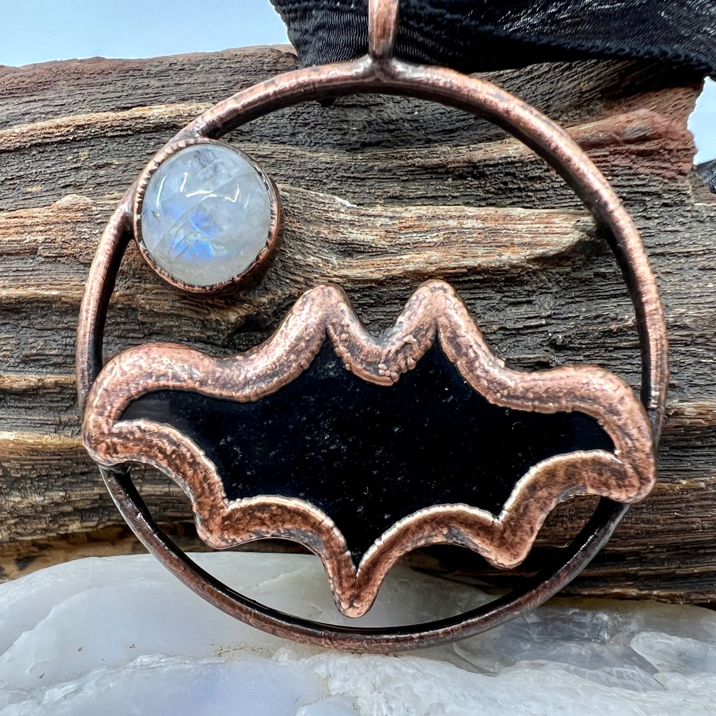 Obsidian Bat with Moonstone Accent - Copper Electroformed