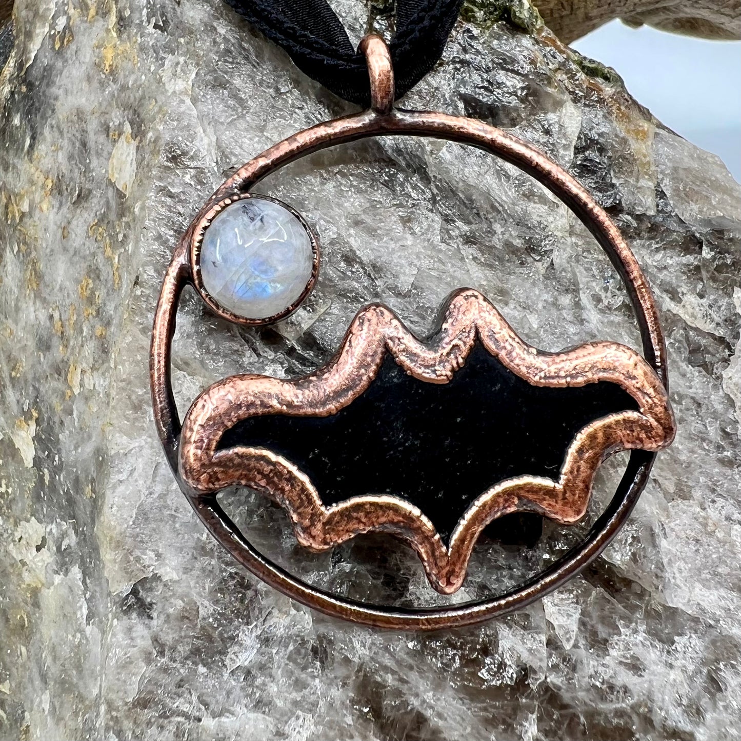 Obsidian Bat with Moonstone Accent - Copper Electroformed