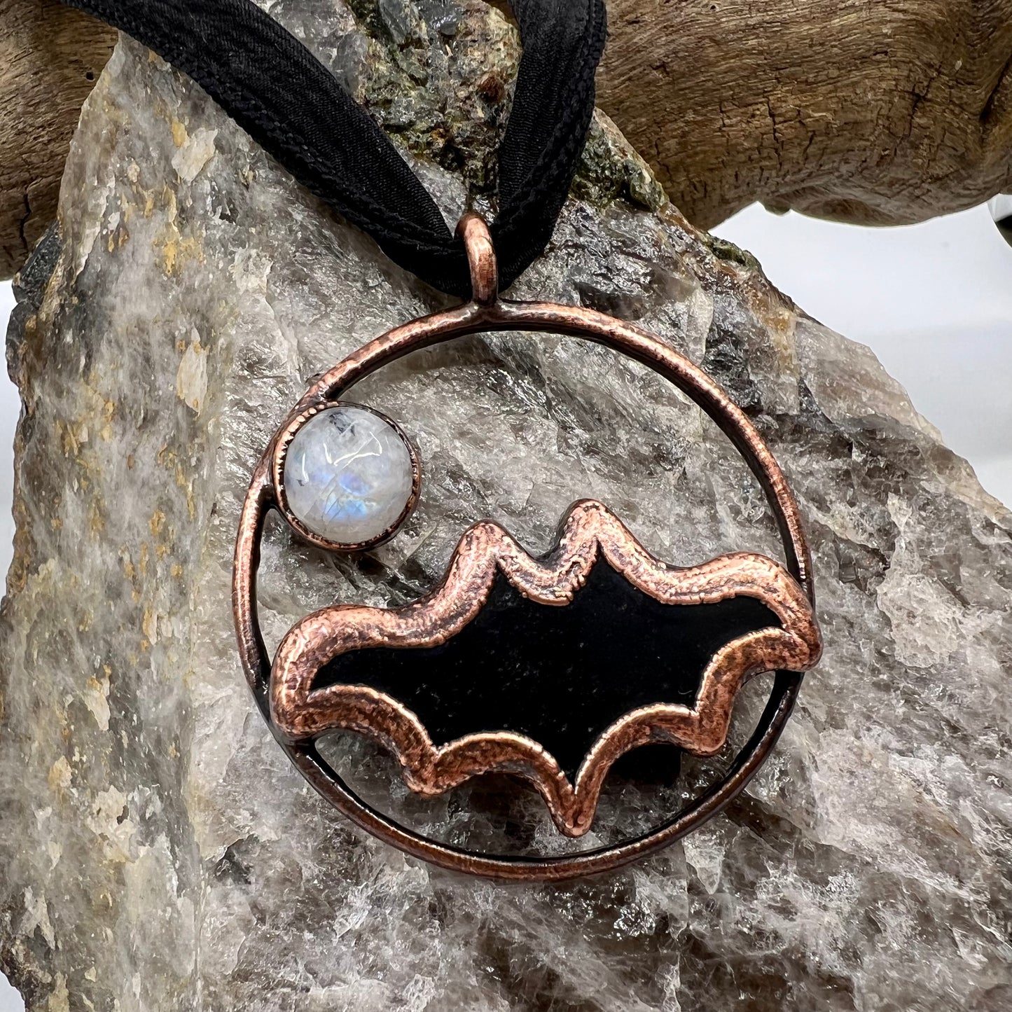 Obsidian Bat with Moonstone Accent - Copper Electroformed