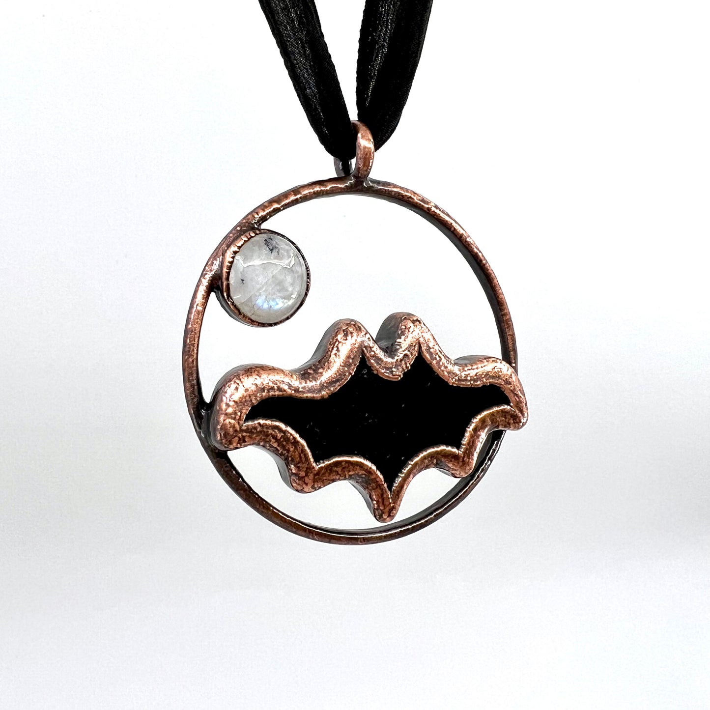 Obsidian Bat with Moonstone Accent - Copper Electroformed