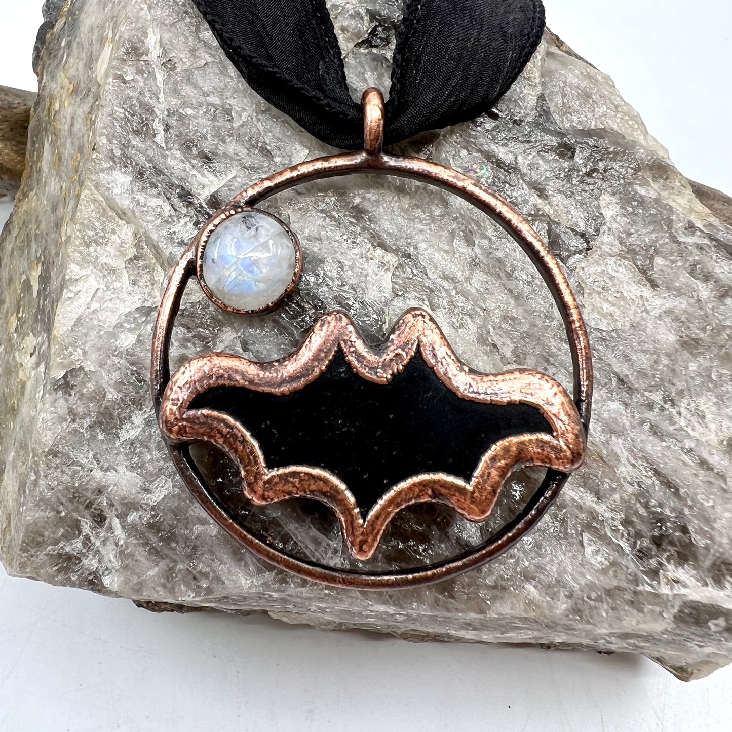 Obsidian Bat with Moonstone Accent - Copper Electroformed