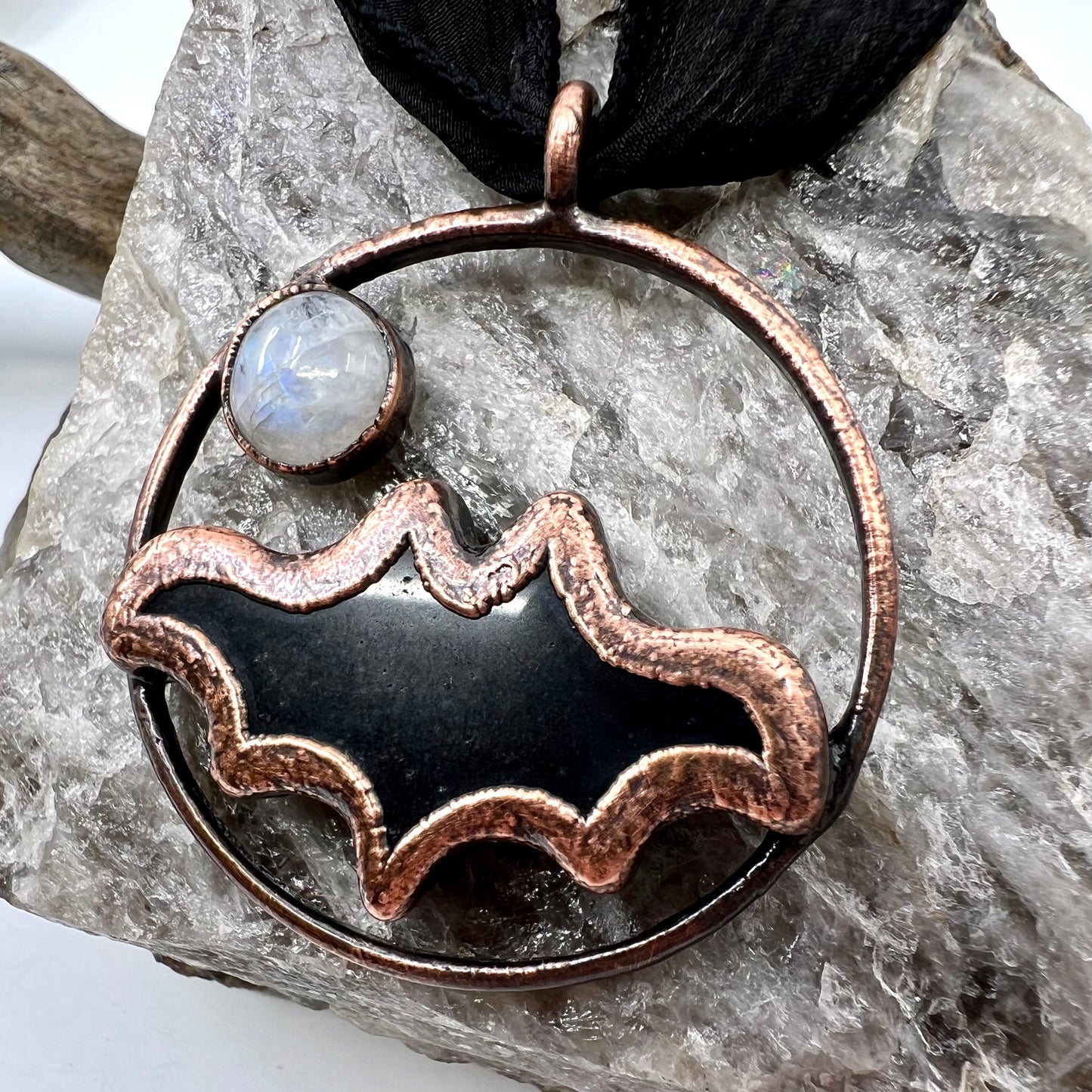 Obsidian Bat with Moonstone Accent - Copper Electroformed