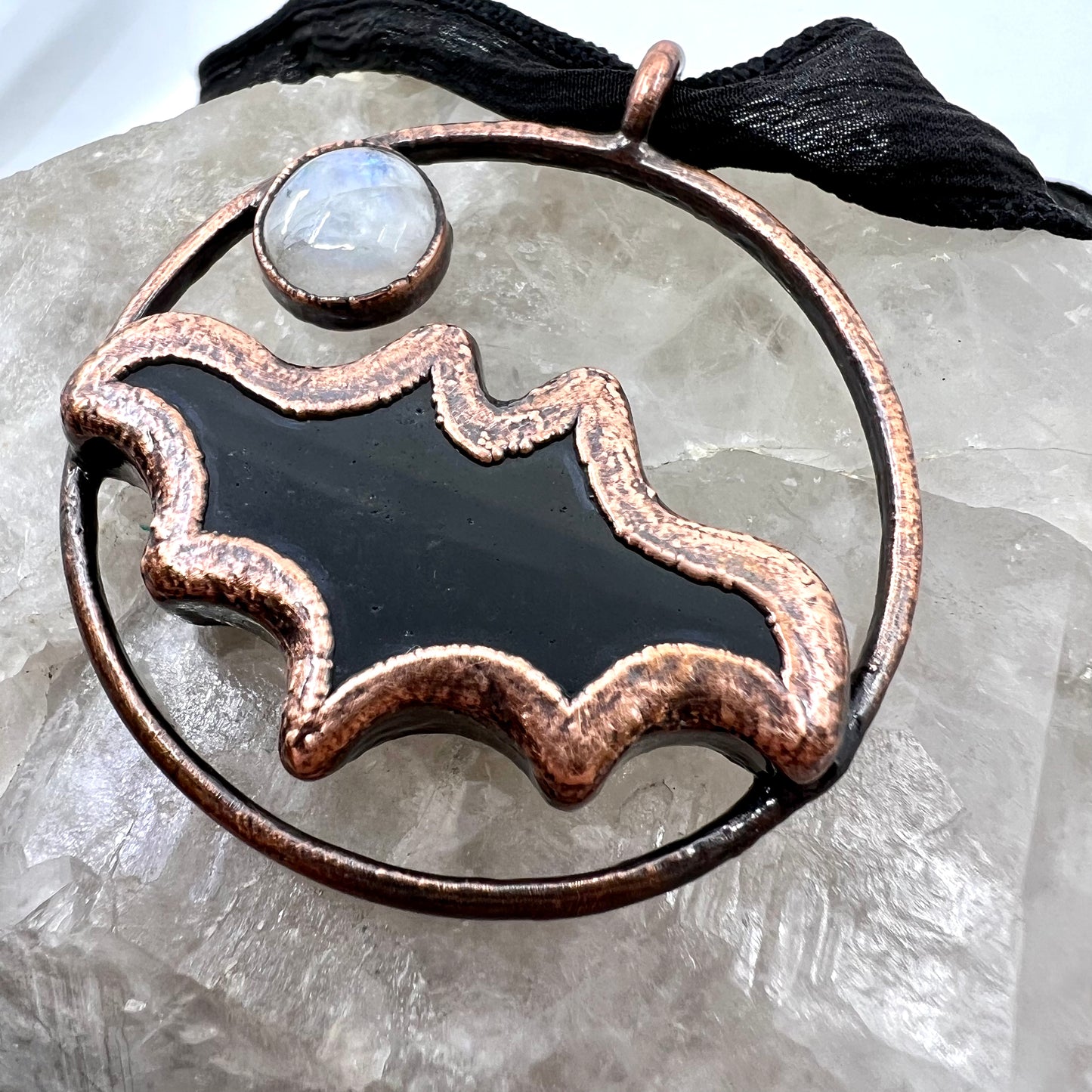 Obsidian Bat with Moonstone Accent - Copper Electroformed