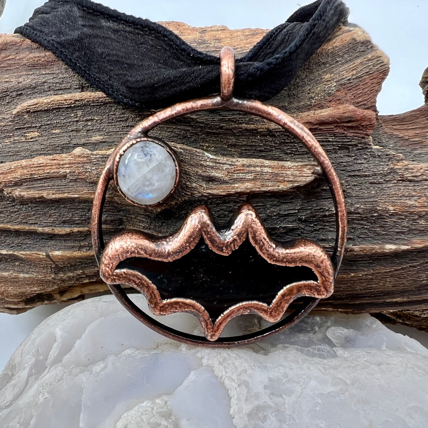 Obsidian Bat with Moonstone Accent - Copper Electroformed