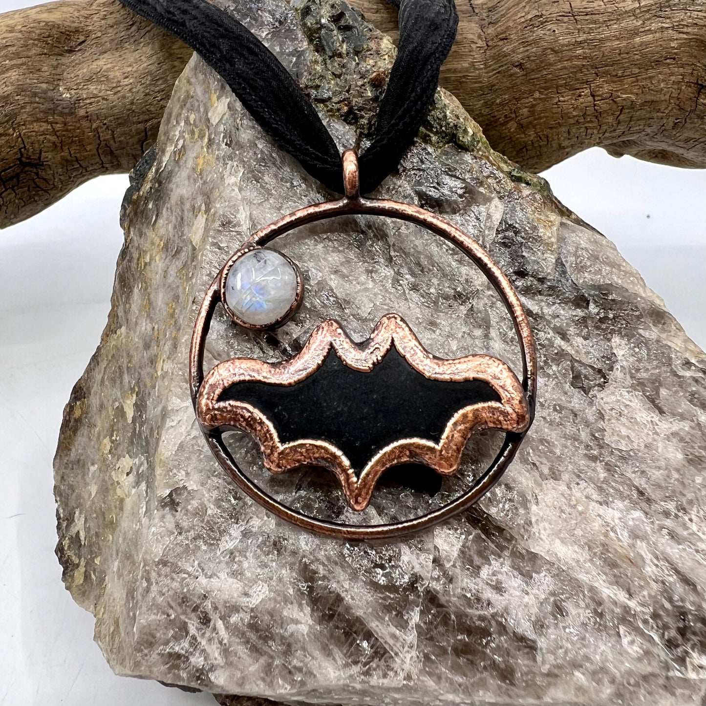 Obsidian Bat with Moonstone Accent - Copper Electroformed