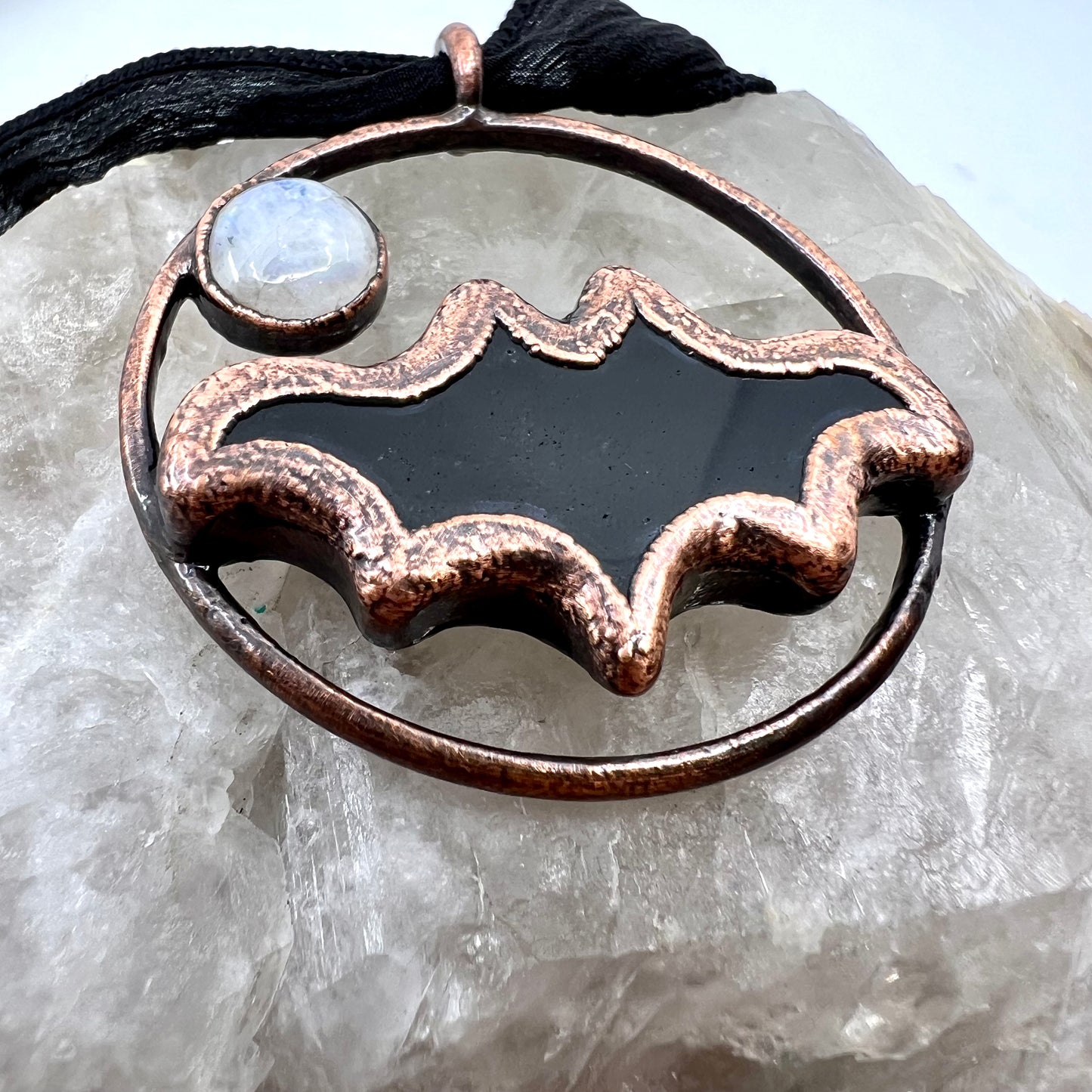 Obsidian Bat with Moonstone Accent - Copper Electroformed