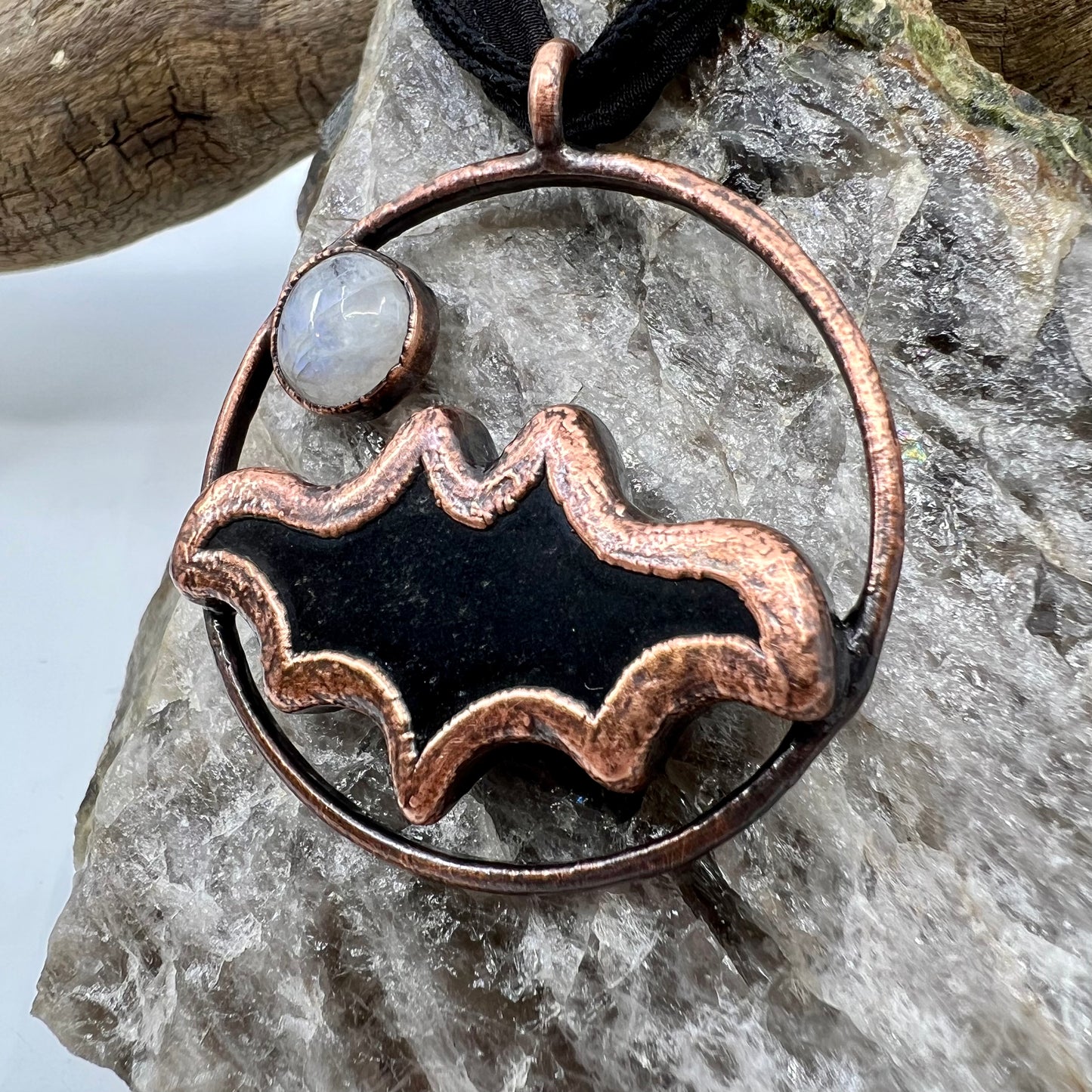 Obsidian Bat with Moonstone Accent - Copper Electroformed