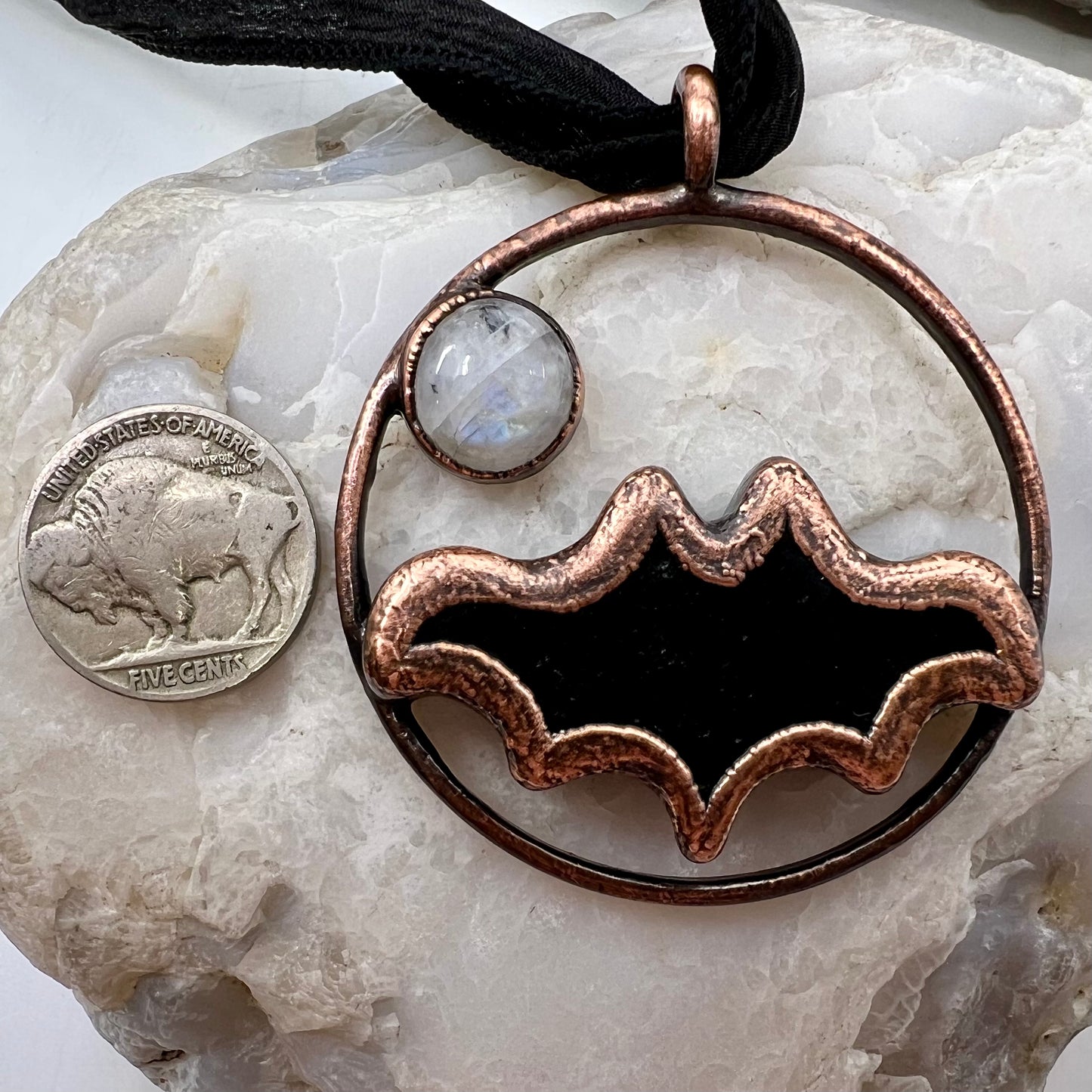 Obsidian Bat with Moonstone Accent - Copper Electroformed