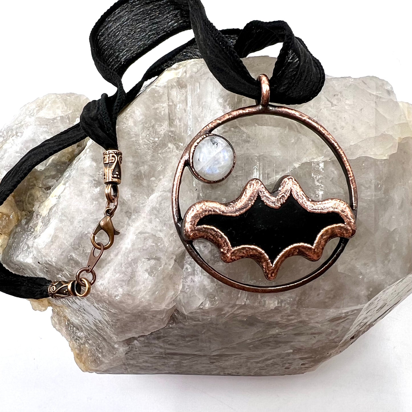 Obsidian Bat with Moonstone Accent - Copper Electroformed