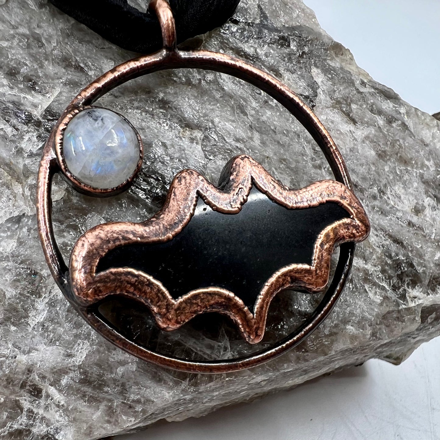 Obsidian Bat with Moonstone Accent - Copper Electroformed