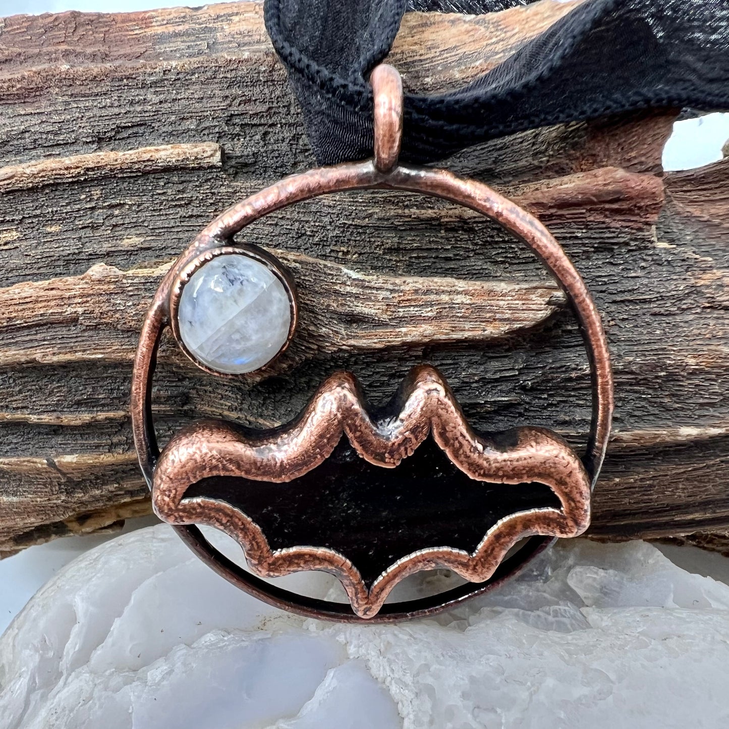 Obsidian Bat with Moonstone Accent - Copper Electroformed