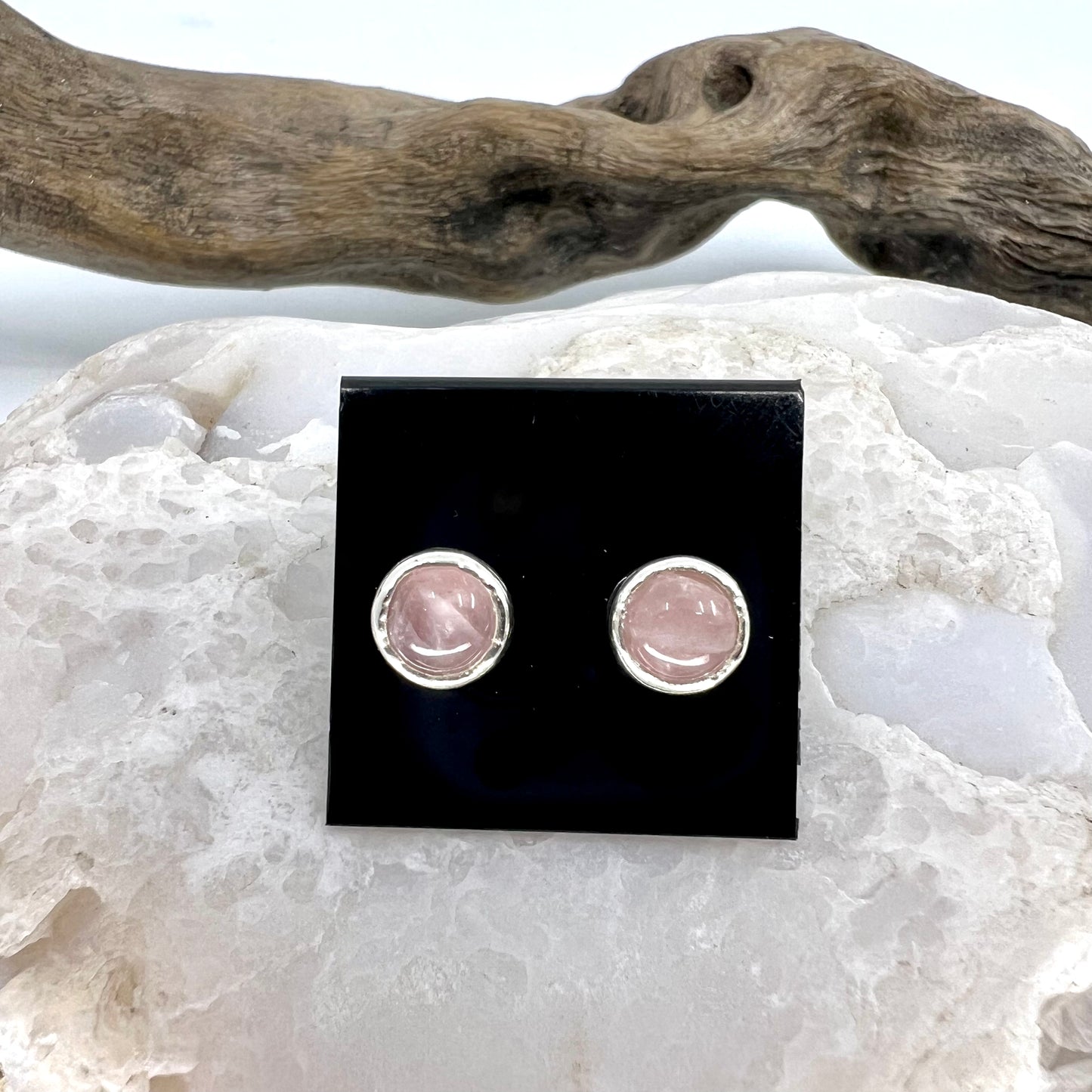 Rose Quartz Stud Earrings, Silver Plated - Copper Electroformed