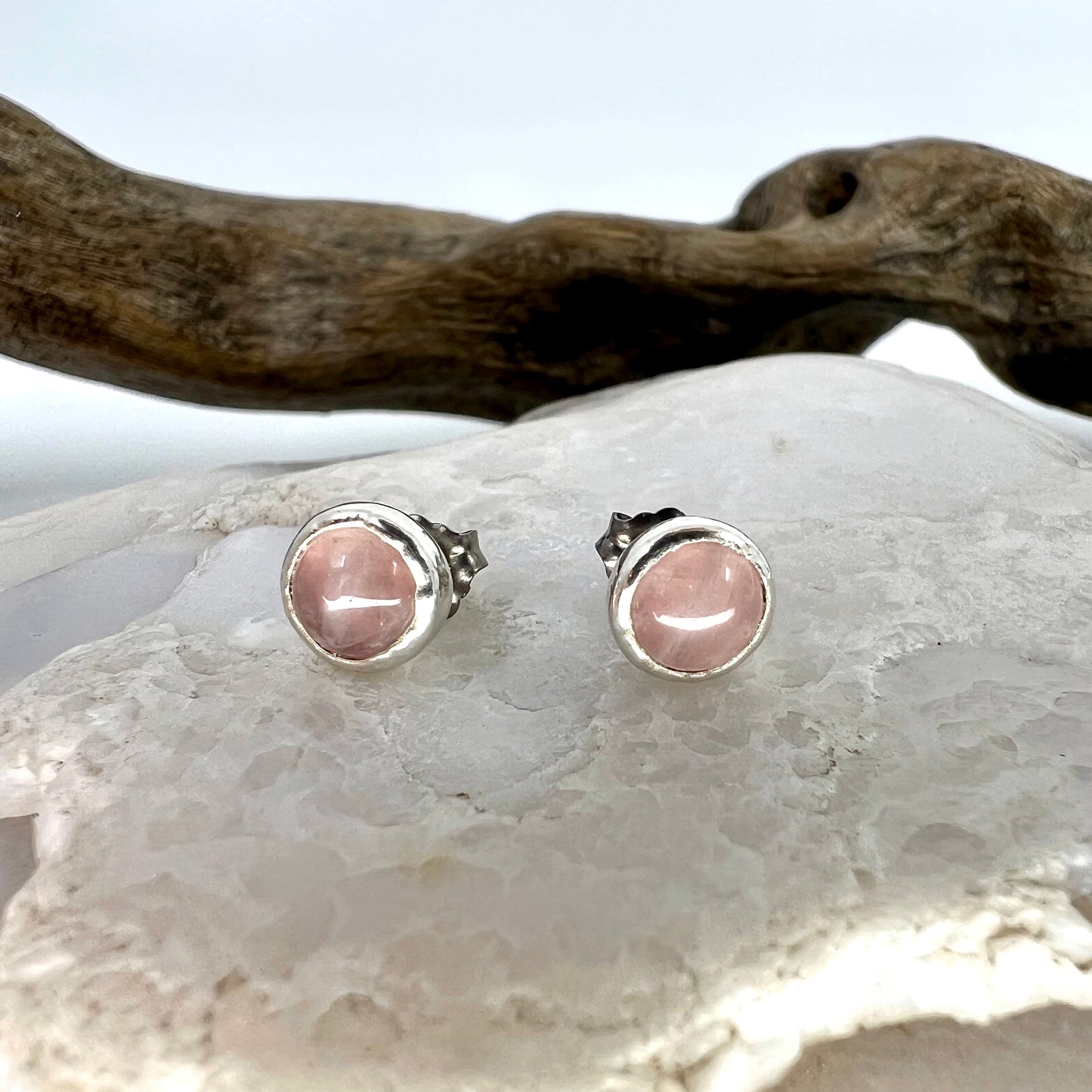 Rose Quartz Stud Earrings, Silver Plated - Copper Electroformed