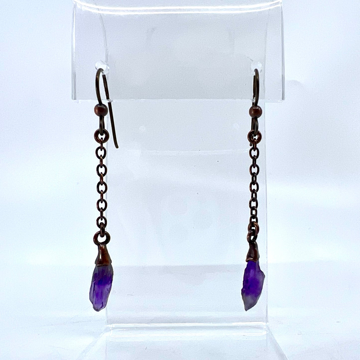 Amethyst Dangle Earrings, Antique Finish - Copper Electroformed