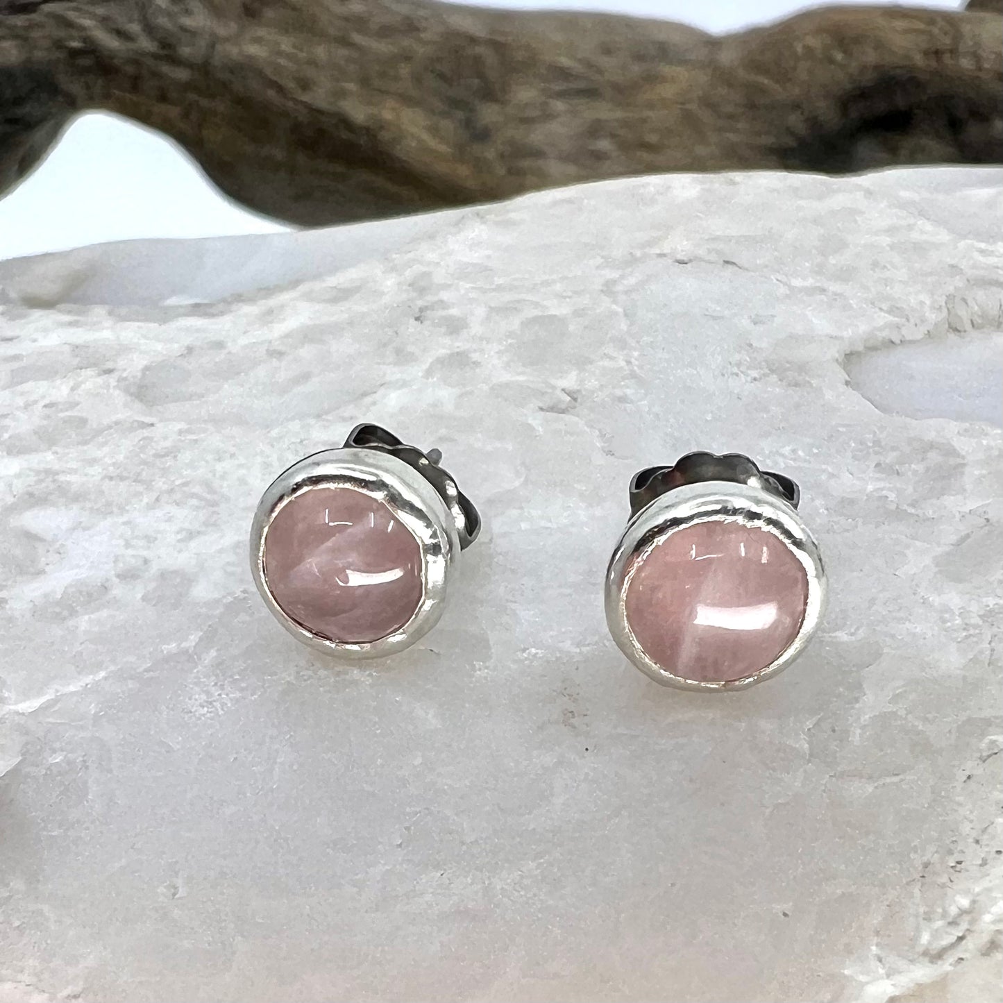 Rose Quartz Stud Earrings, Silver Plated - Copper Electroformed