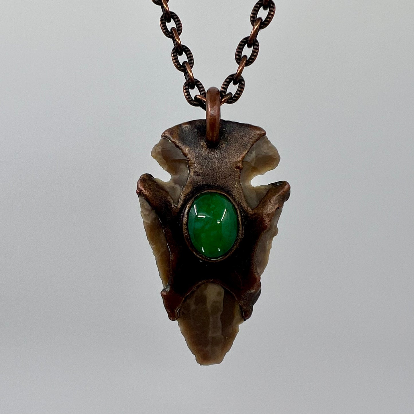 Arrowhead with Jade Glass Accent - Copper Electroformed Necklace