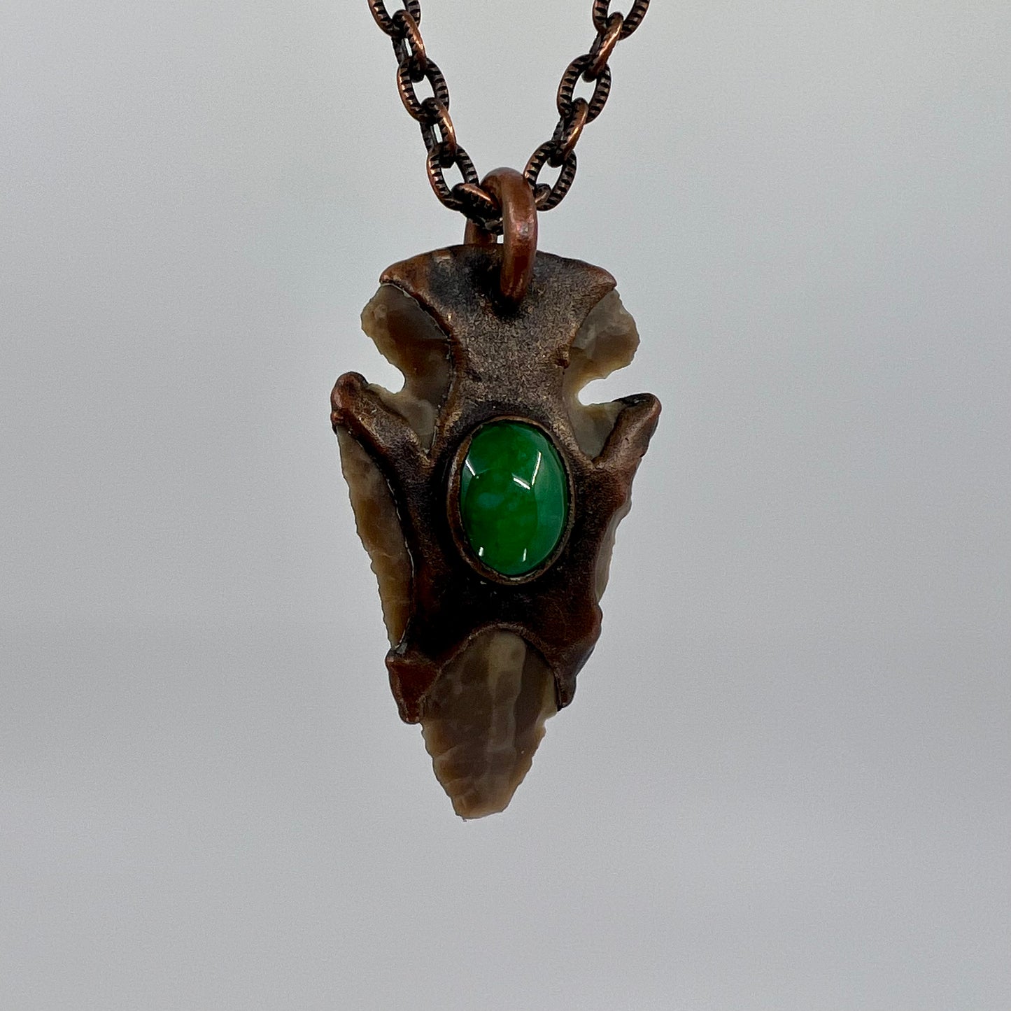 Arrowhead with Jade Glass Accent - Copper Electroformed Necklace