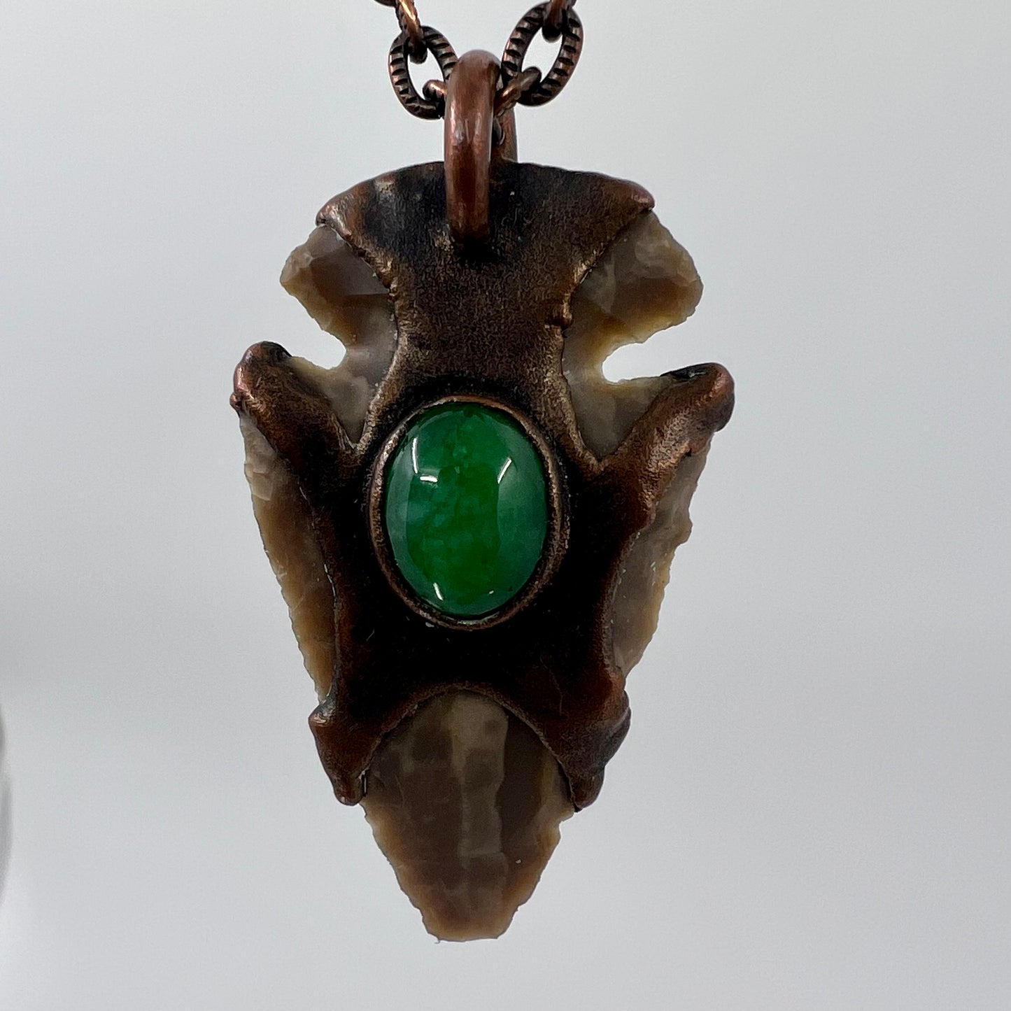 Arrowhead with Jade Glass Accent - Copper Electroformed Necklace