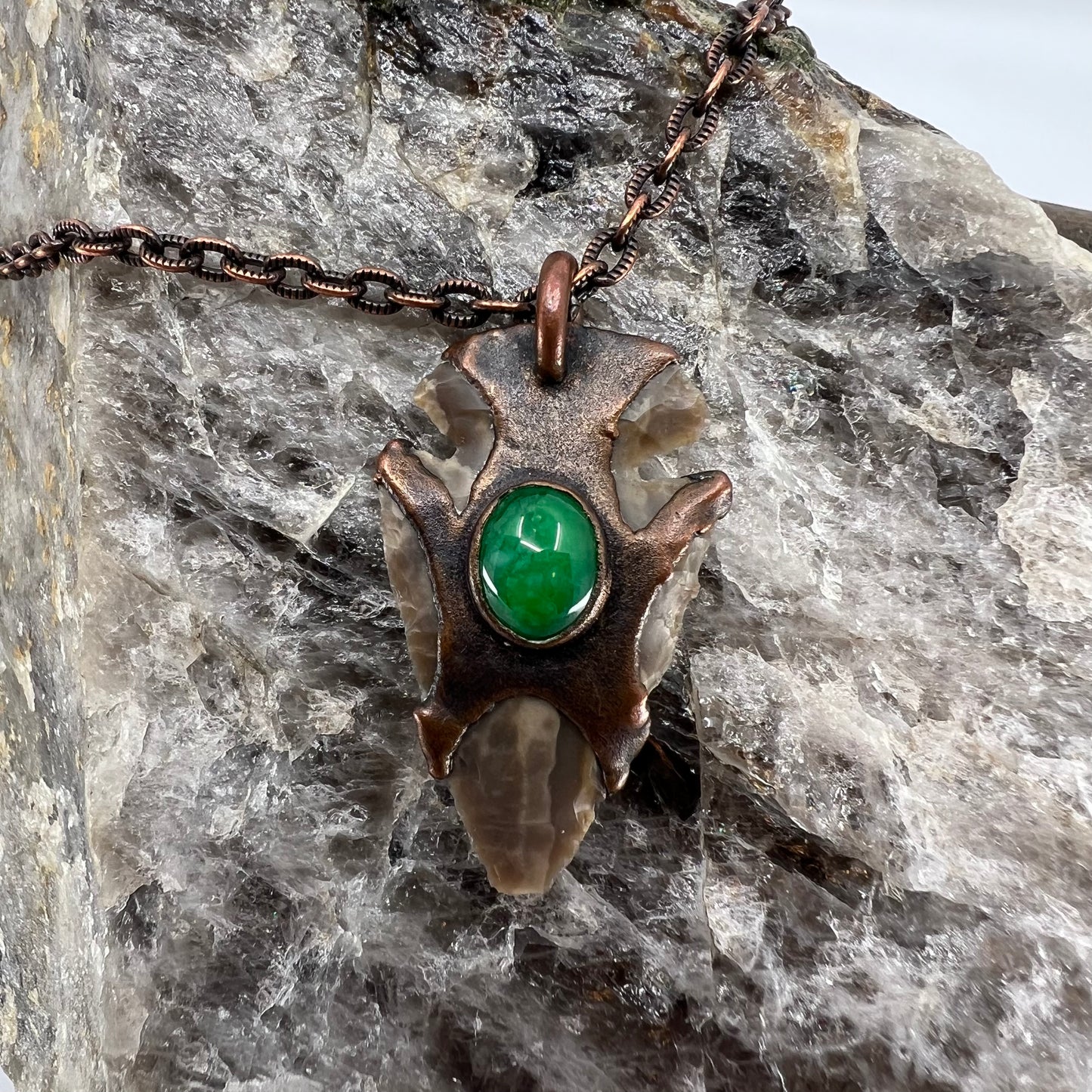 Arrowhead with Jade Glass Accent - Copper Electroformed Necklace