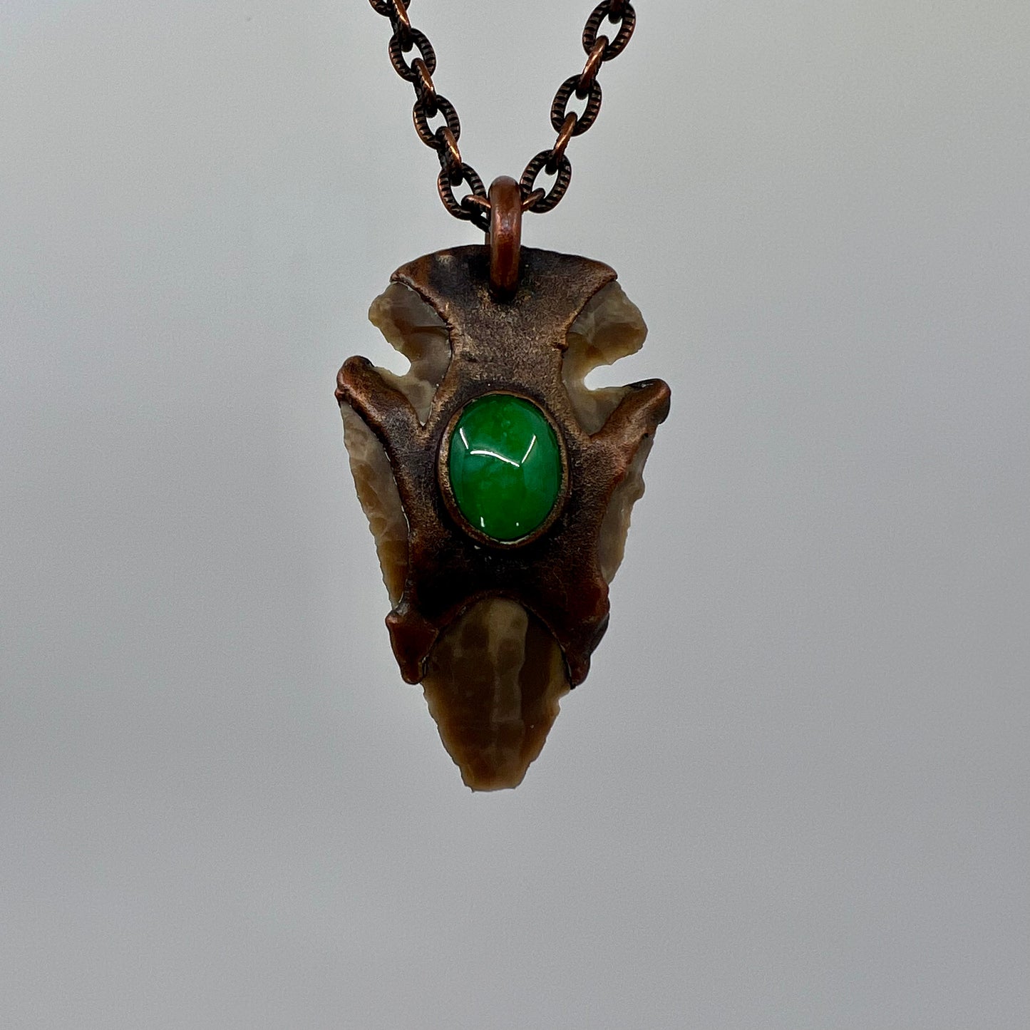 Arrowhead with Jade Glass Accent - Copper Electroformed Necklace